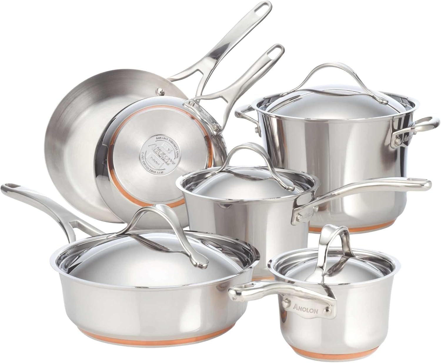 Anolon Nouvelle Stainless Steel Cookware Pots and Pans Set, 10 Piece | Stainless Steel Cookware Set with Lids, Oven Safe to 500°F, Durable Everyday Cooking, Dishwasher Safe