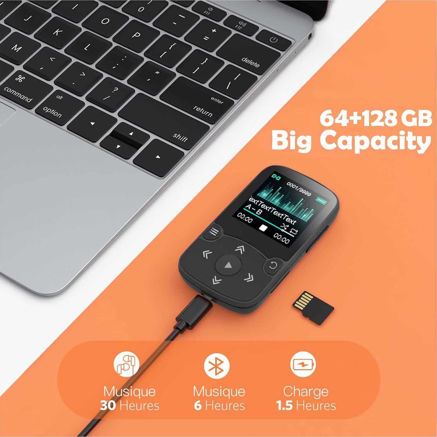 AGPTEK 64GB MP3 Player with Clip, A65 Bluetooth 5.3 Music Player for Sports | with FM Radio, Voice Recorder for Running, Supports up to 128GB TF Card, Orange