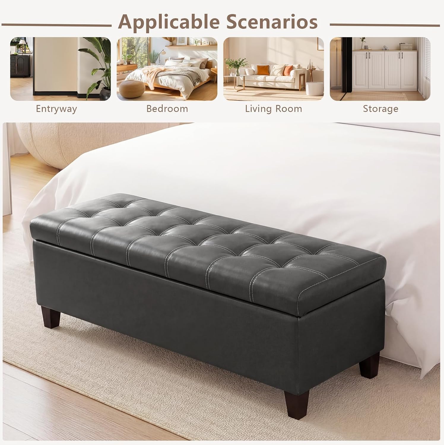 51 Inch Storage Bench,Leather Tufted Storage Ottoman with Legs | Safety Hinges,Wooden Legs,Upholstered,End of Bed,Bedroom,Living Room,Entryway,330LBS,Brown