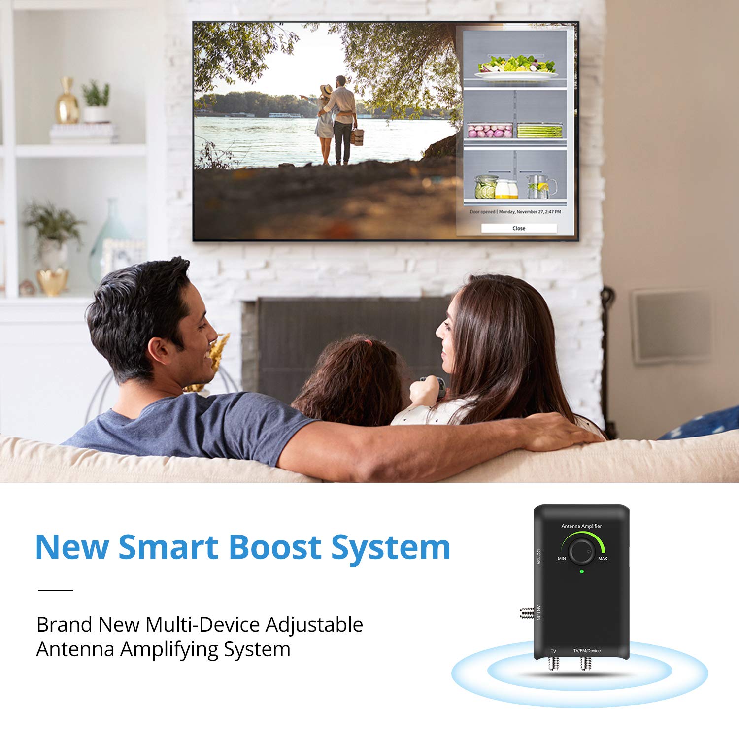 ANTOP HD Smart Boost Antenna Amplifier, HDTV Signal Booster, Amplifier with Dual Outputs for TV and Second Device, Enhances VHF/UHF/FM Reception