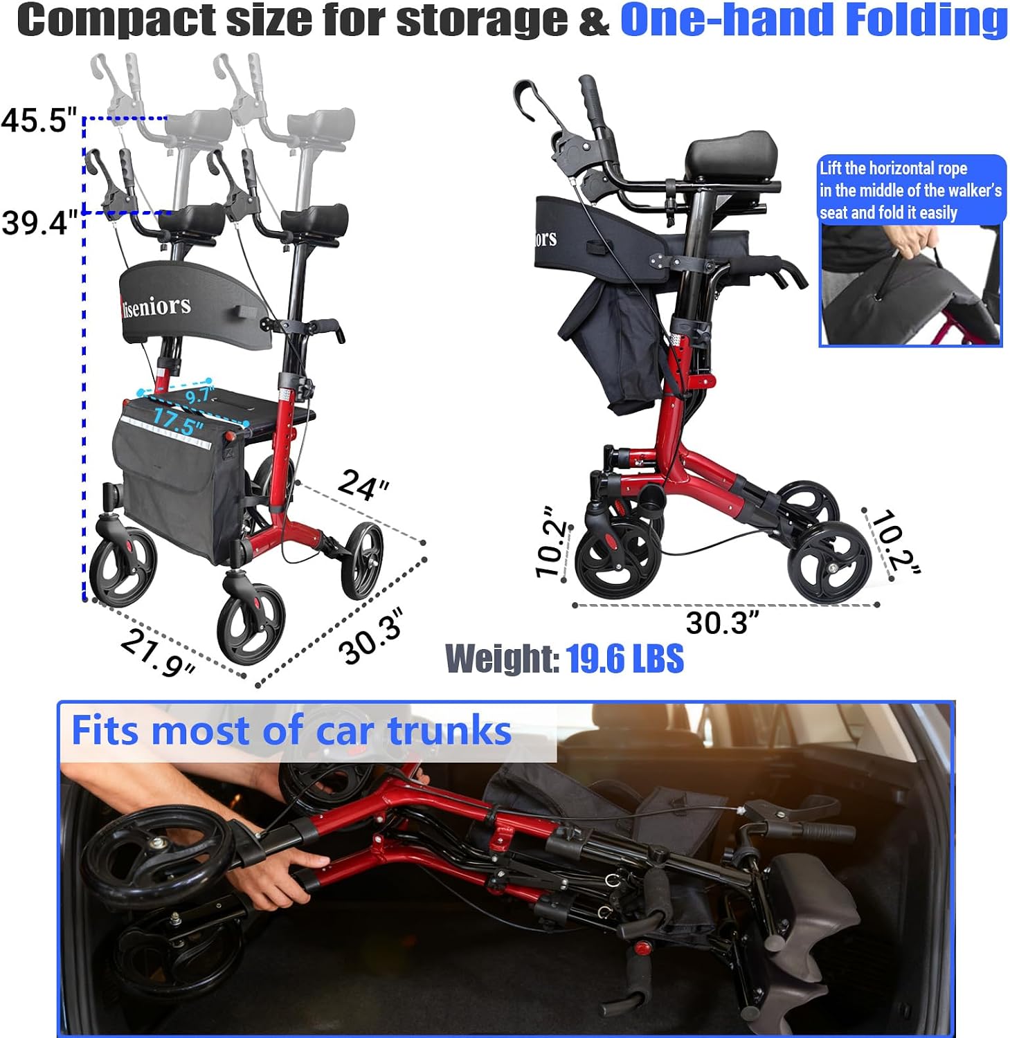 Aliseniors Upright Walker for Seniors - Big Stand Up Walker with Wide Seat, Foldable 4 Wheel All-Terrain Rolling Walker, Adjustable Armrests, 300lbs, Improves Posture & Reduces Back Strain | 20.6" Wide Seat, Foldable Rollator, 8" All-Terrain Wheels, Adju…