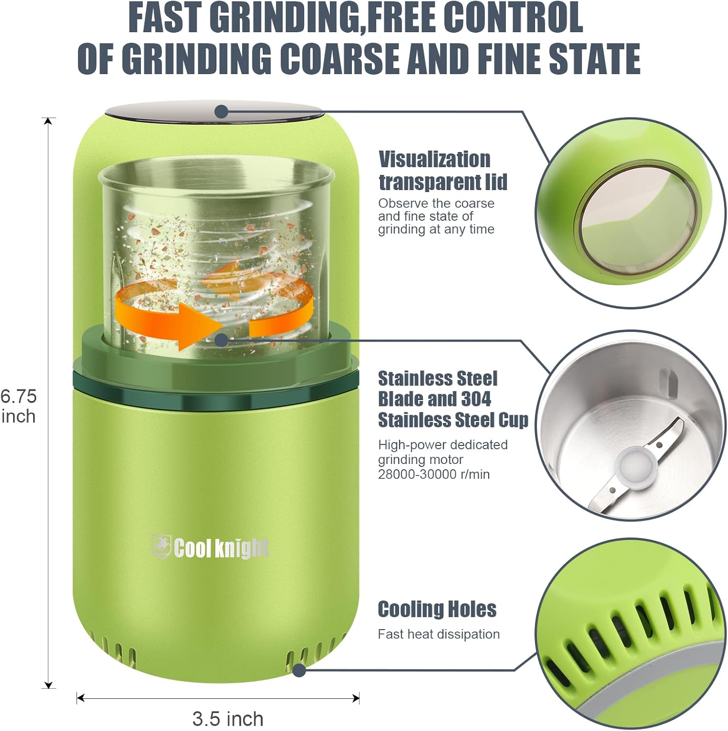 COOL KNIGHT Herb Grinder [large capacity/fast/Electric ]-Spice Herb Coffee Grinder with Pollen Catcher/- 7.5" (Black)