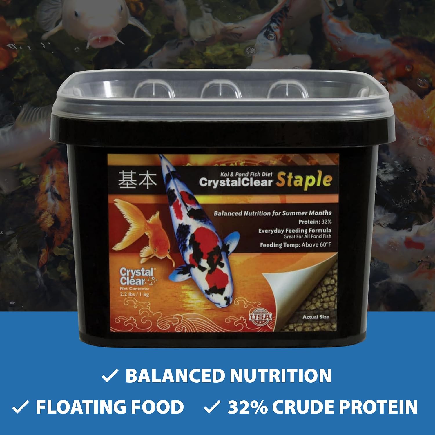CrystalClear Staple Pond Fish Food for Koi & Goldfish, 8.8 Pound Bucket | Protein packed floating pellets for summer nutrition with easy digestion to support healthy growth and vitality