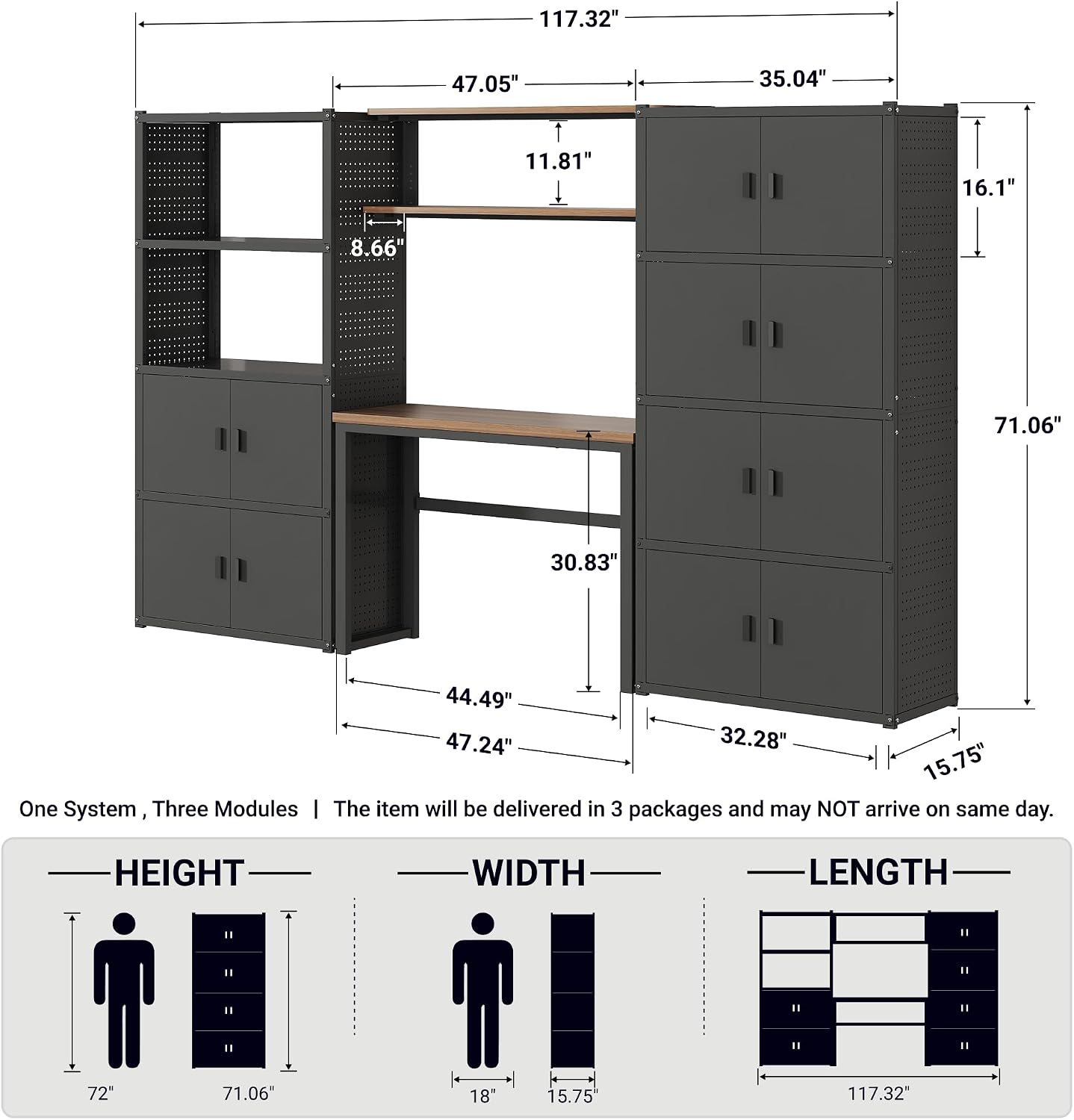 FLEXIMOUNTS 117"W Modular Garage Storage Cabinet with Workbench, Black | 6 Doors, 3700lbs capacity, Metal board shelf includes pegboard, 3-in-1 metal tool cabinet, 24-gauge steel, FLEXIMOD Series