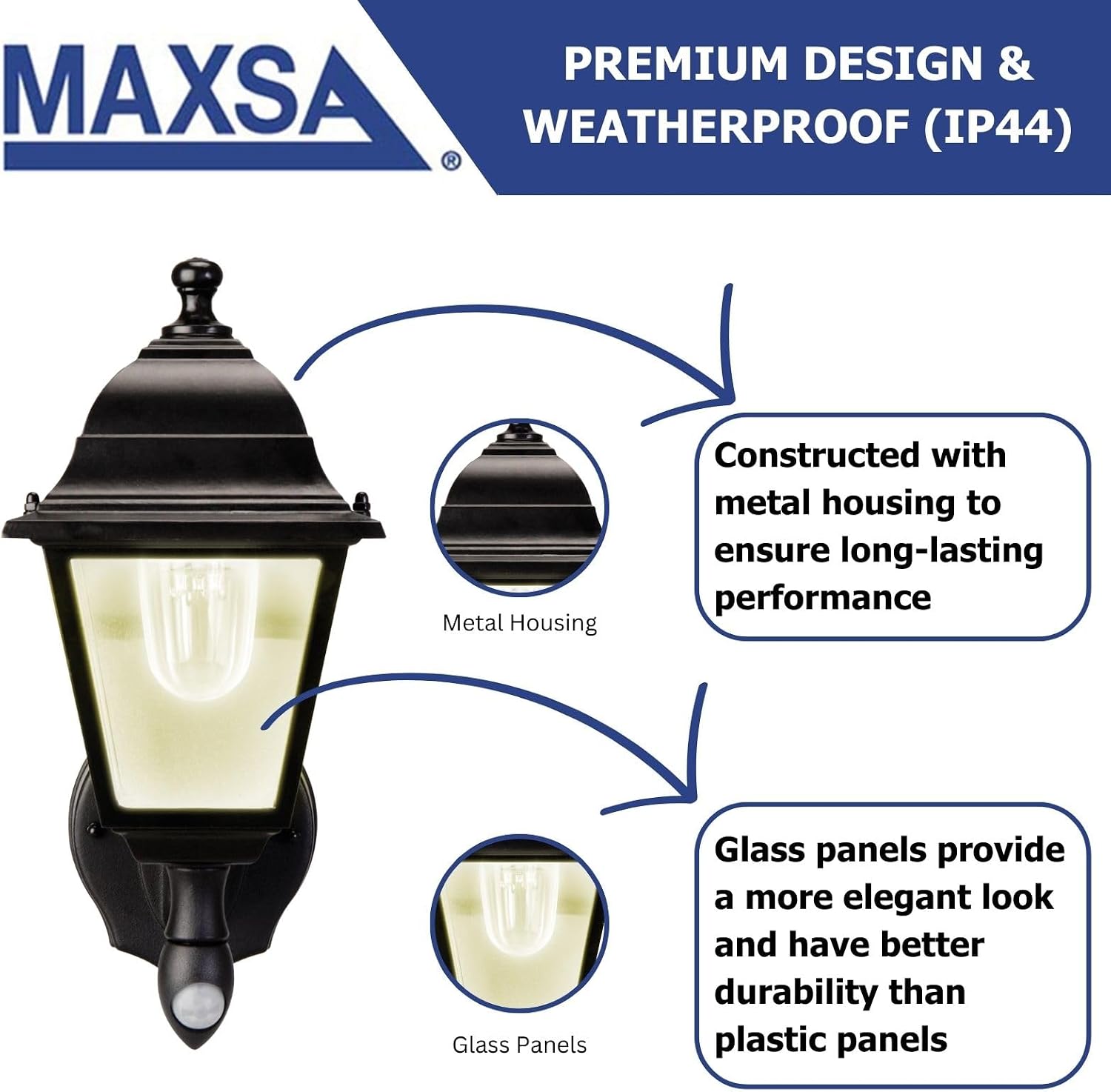 Maxsa 44219 Premium Wireless Battery-Powered Motion-Activated Decorative Outdoor Wall Sconce Lighting Fixture, Cool White LED, Metal Housing, Black