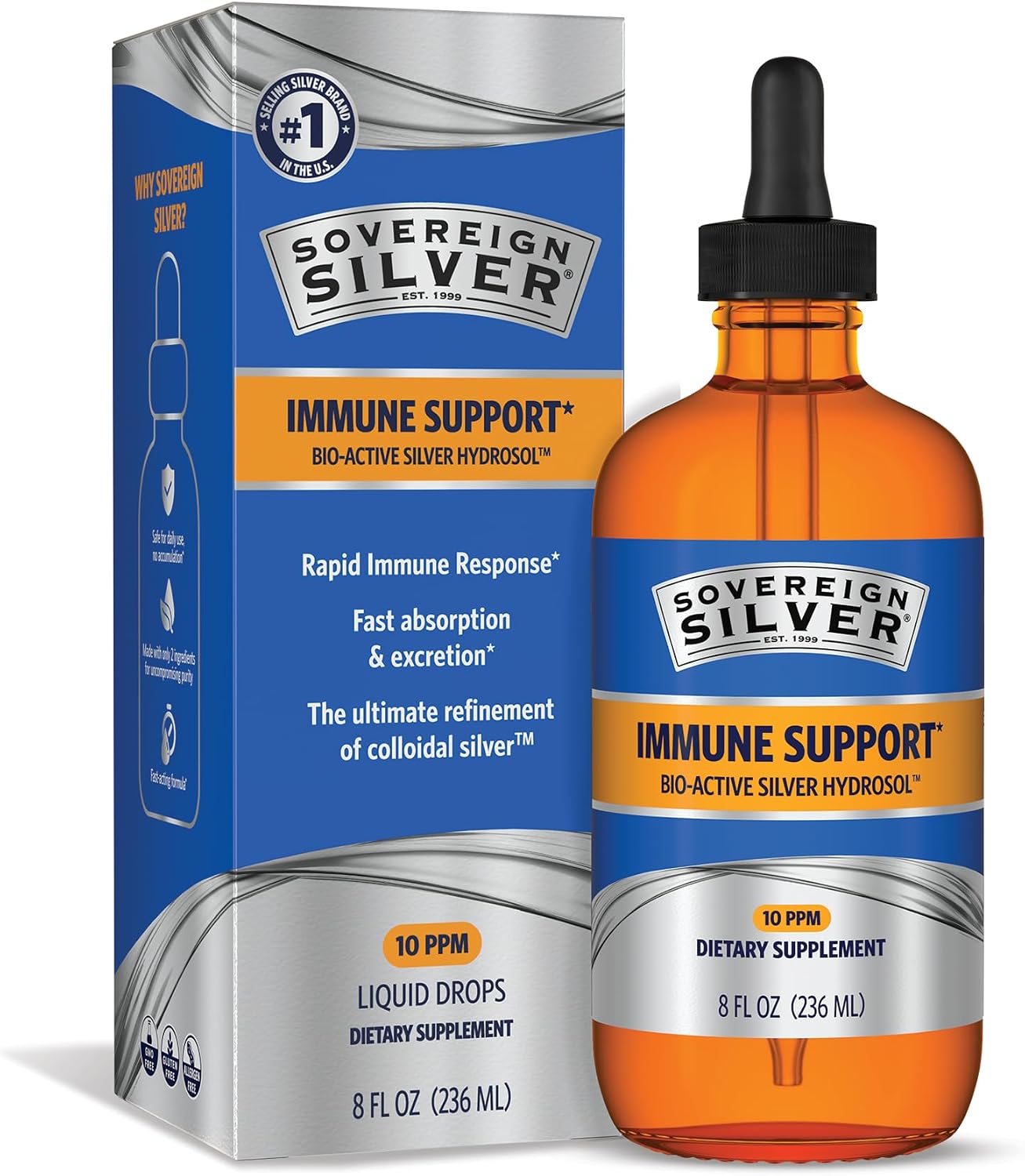 Sovereign Silver Immune Support, Colloidal Silver, 4 fl oz (118 mL) | Bio-Active Silver Hydrosol, 10 ppm, Liquid Dropper