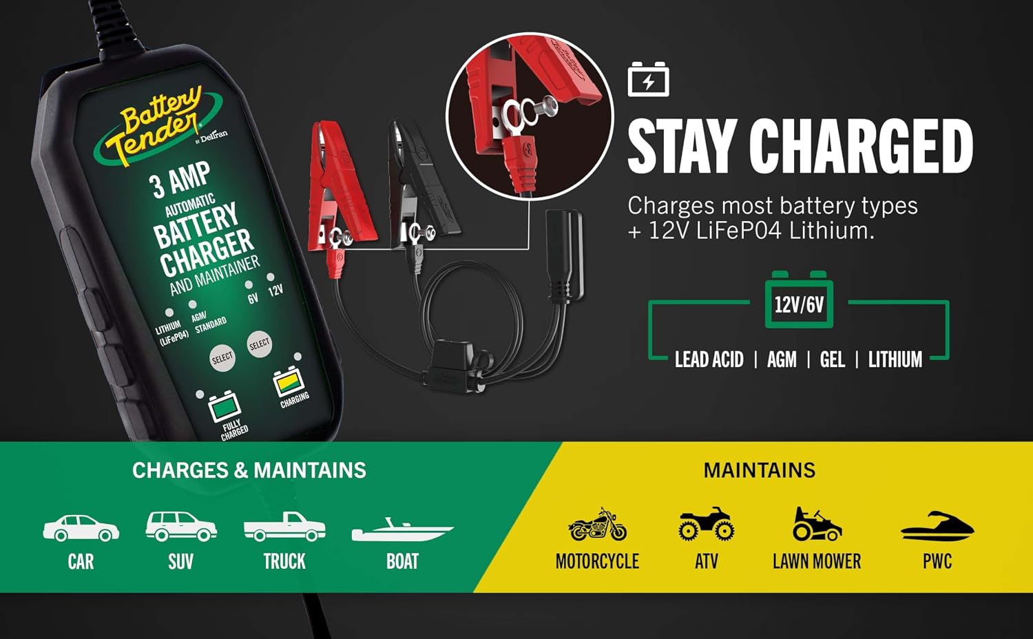 Battery Tender 3 AMP Battery Charger and Maintainer - Automotive Switchable 12V or 6V Smart Automatic for Cars SUVs and Trucks - Lead Acid, AGM, Gel