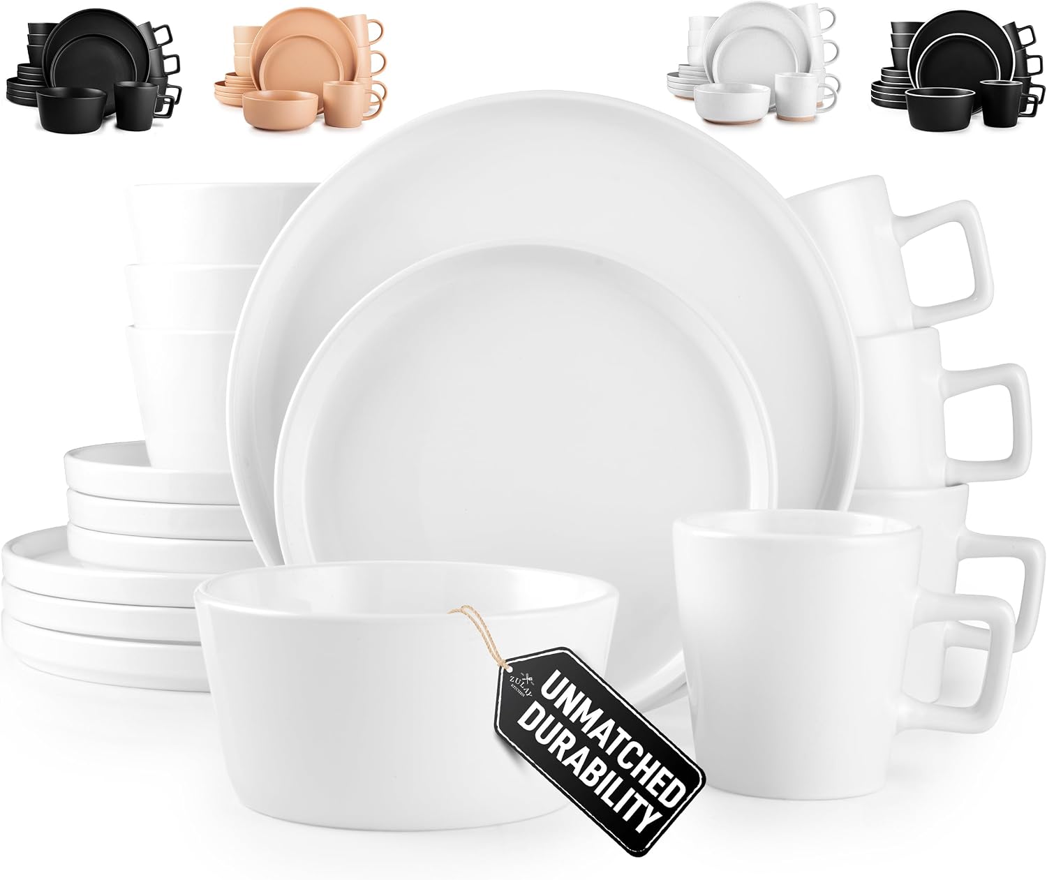 Zulay Kitchen Luna Plates and Bowls Sets, 16 Piece Modern Porcelain Dish Set for 4, Chip and Scratch Resistant Square Dinnerware Set