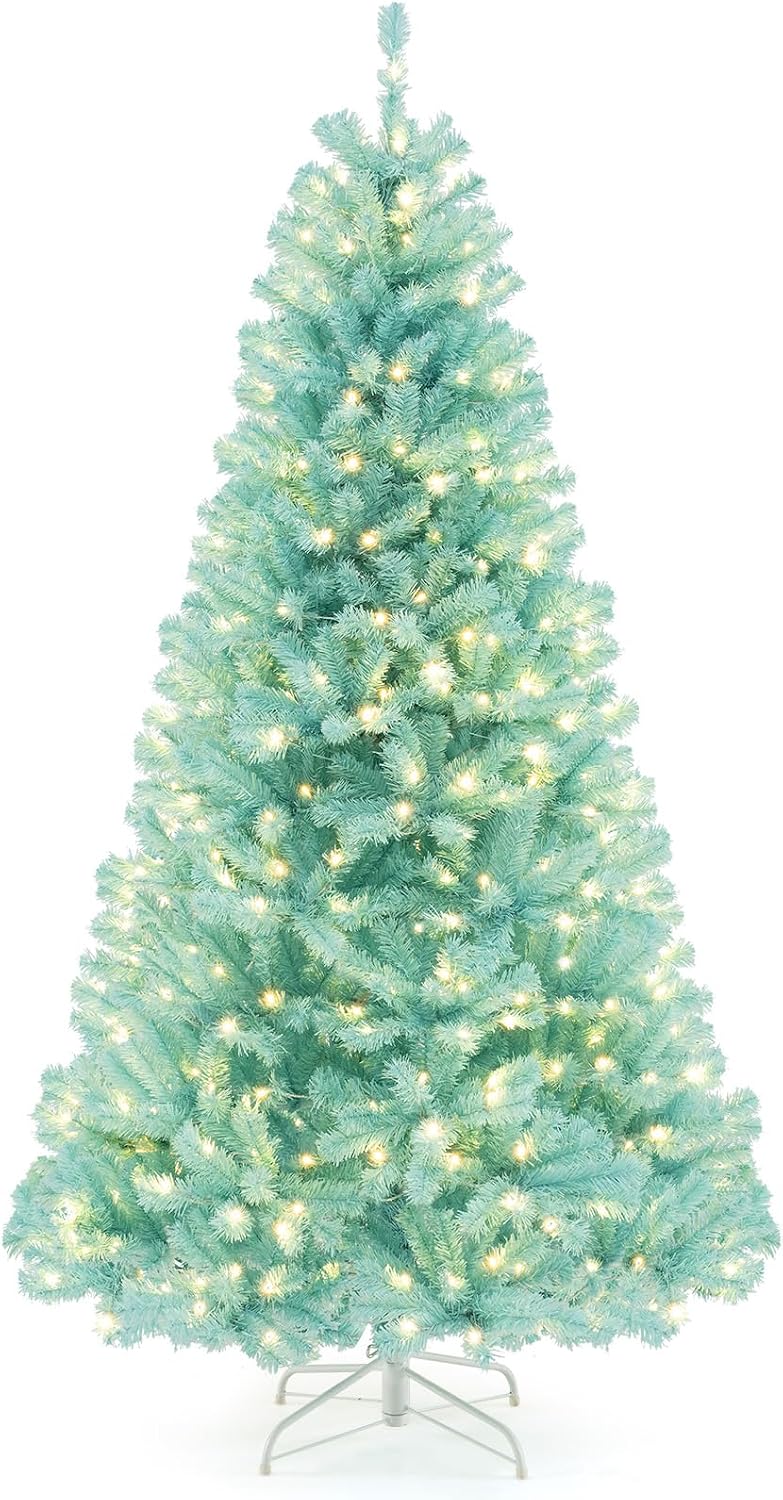 Goplus 7.5ft Pre-Lit Artificial Christmas Tree, Premium PVC Snow Flocked Hinged Pine Tree with Metal Stand and LED Lights