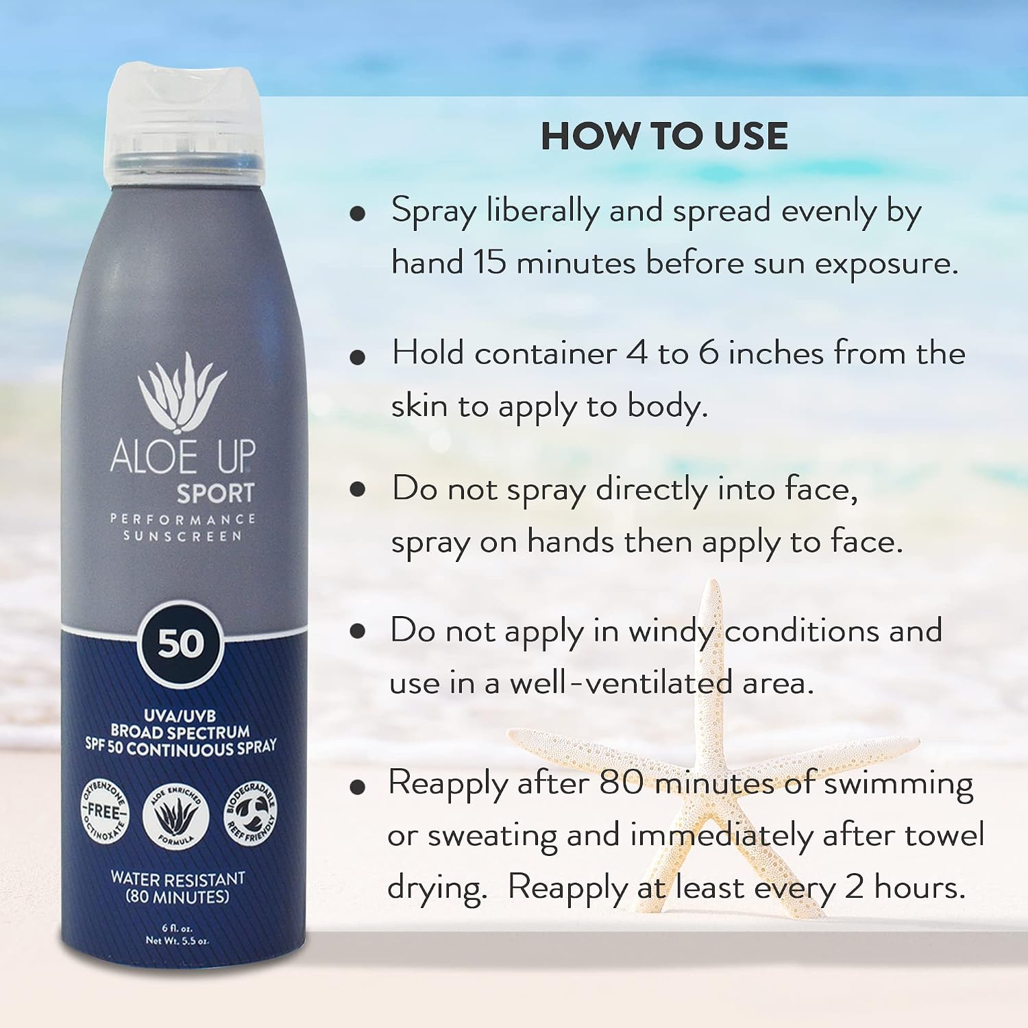 Aloe Up Sport Sunscreen Spray SPF 30, Water Resistant, Non-greasy, 6 oz | Broad-spectrum SPF 30; Water resistant up to 80 min; Non-greasy, With aloe vera gel, fragrance-free