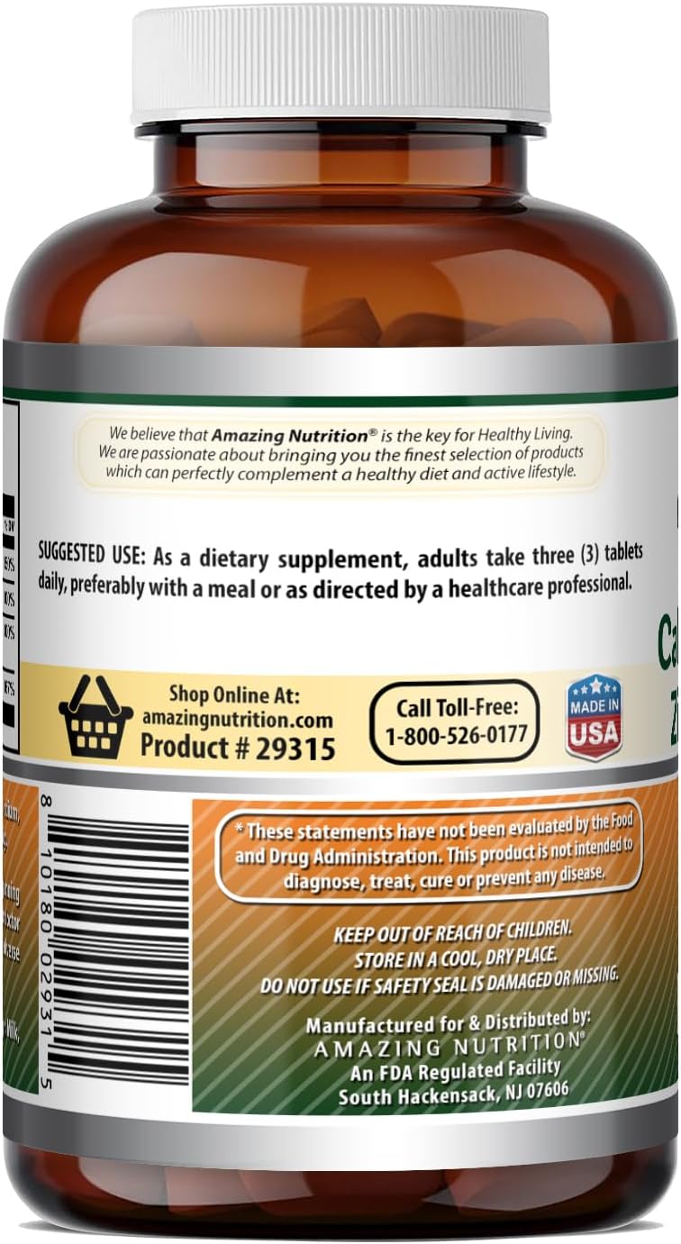 Amazing Formulas Calcium Magnesium Zinc D3-300 Tablets Per Bottle Supplement (Calcium 1000mg - Magnesium 400mg - Zinc 25mg Plus Vitamin D3 600 IU - Per Serving of 3 Tablets)