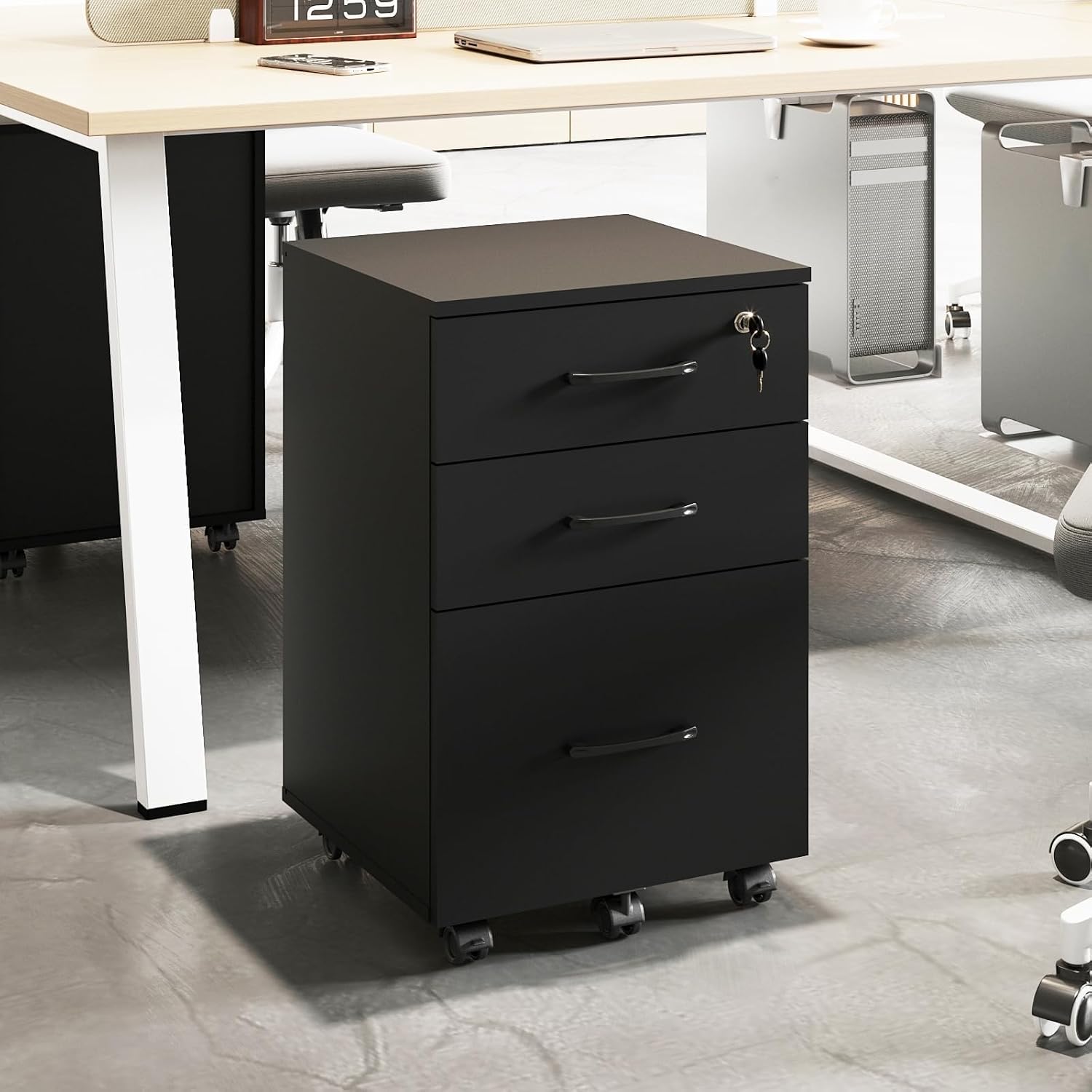 File Cabinet With Lock, 3 Drawer Wood Rolling Filing Under Desk for Home Office, Storage Fits Letter/A4 Size, Mobile Printer Stand, White