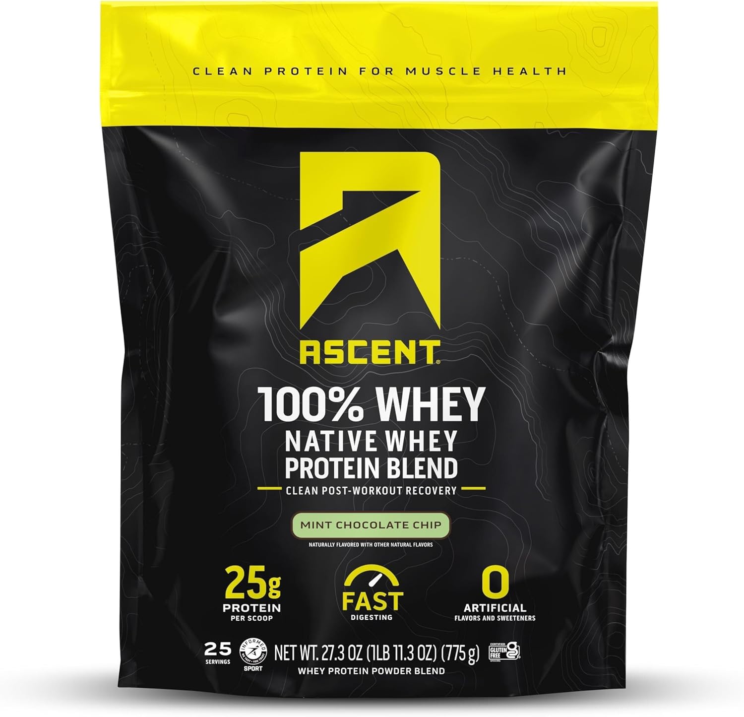 Ascent 100% Whey Protein Powder - Post Workout Whey Protein Isolate, Zero Artificial Flavors & Sweeteners, Gluten Free, 5.5g BCAA, 2.6g Leucine, Unflavored 2 lb