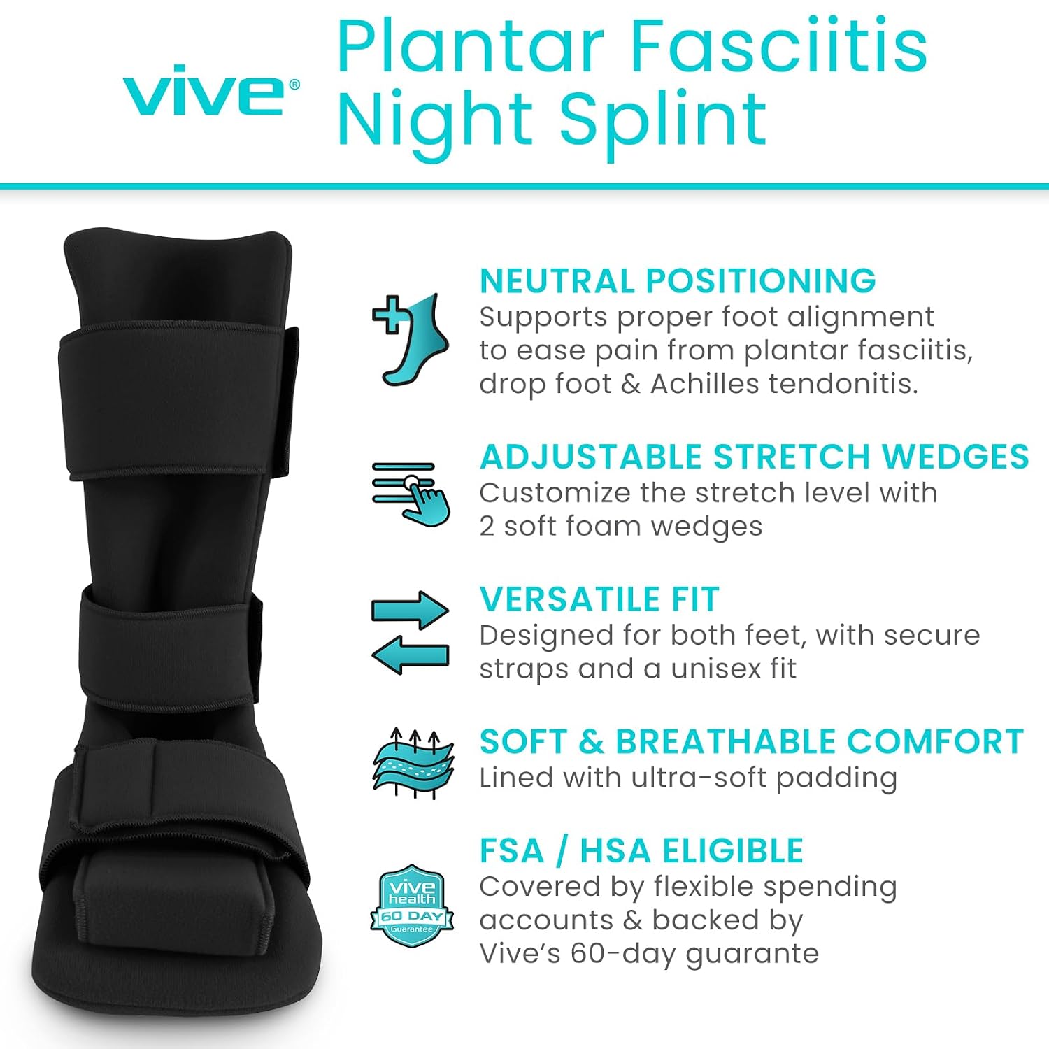 Vive Plantar Fasciitis Night Splint Plus Trigger Point Stretch Wedges | Soft Leg Brace Support, Orthopedic Sleeping Immobilizer Stretch Boot (Large: Men's: 8.5-11, Women's: 10-12)
