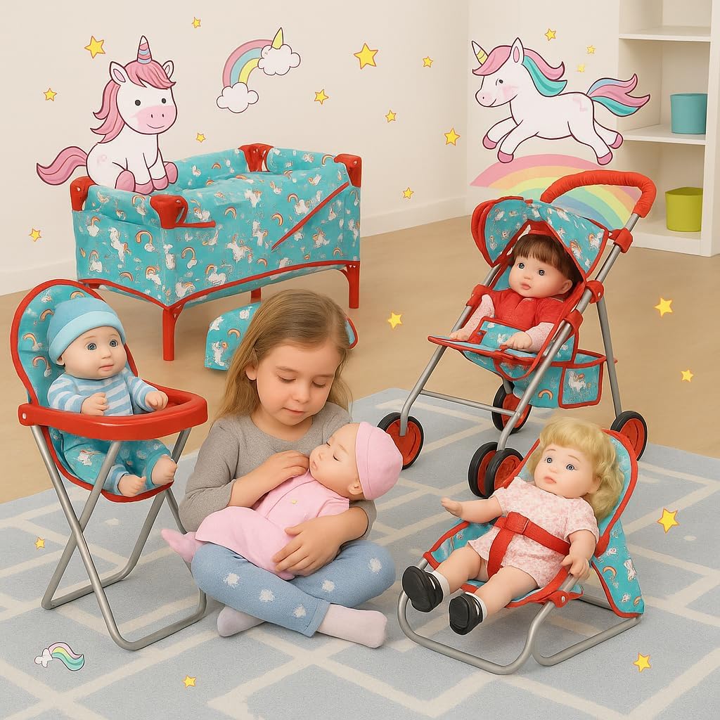 fash n kolor 4 Piece Baby Doll Play Set Flower Design Includes - Foldable Pack N Play, Baby Doll Stroller, Baby Doll High Chair, Infant Seat, Fits Up to 18'' Doll 4 Piece Doll Accessories Set