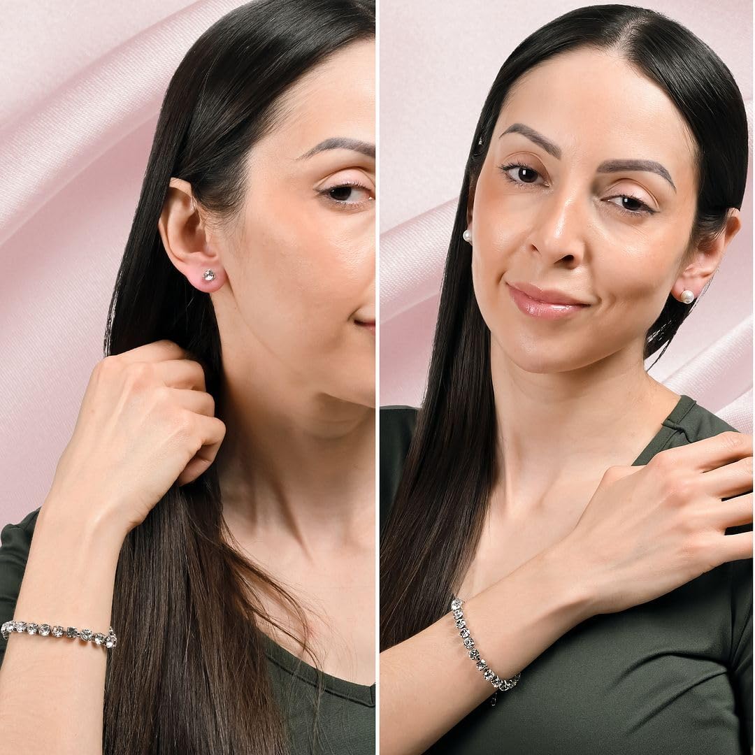 9pcs Set Shell Pearl Crystal Mix Steel Stud Earrings Bracelet Set