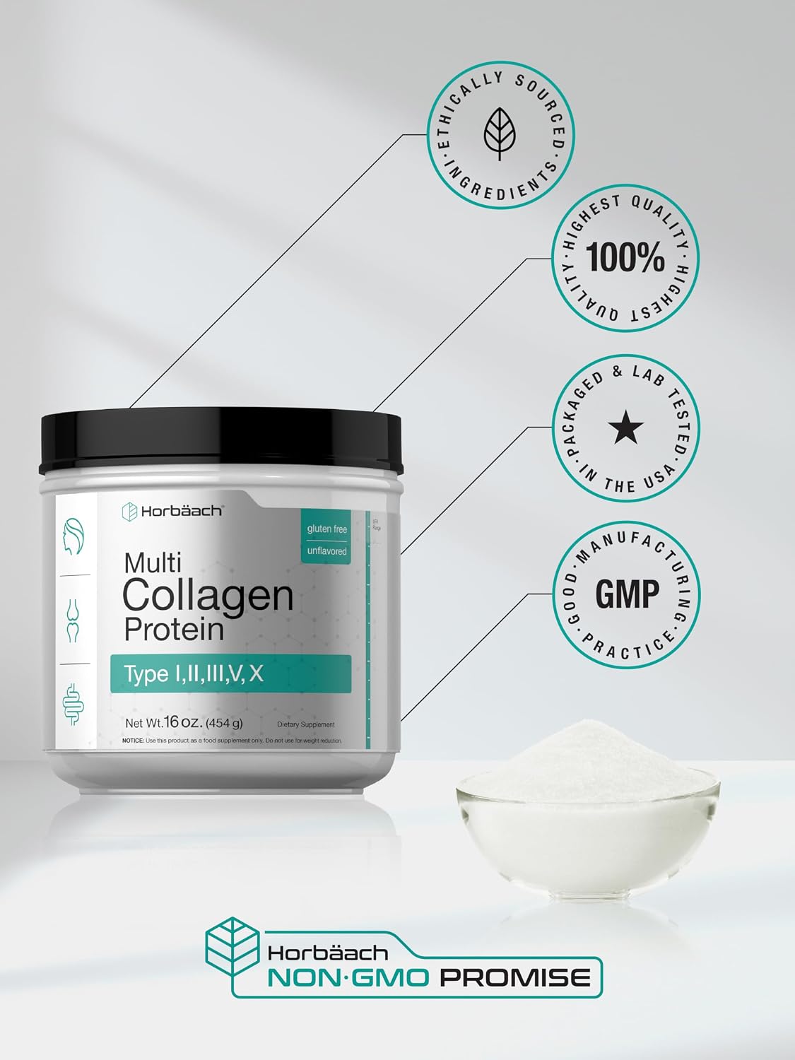 Horbäach Multi Collagen Protein Powder 16 oz | Type I, II, III, V, X