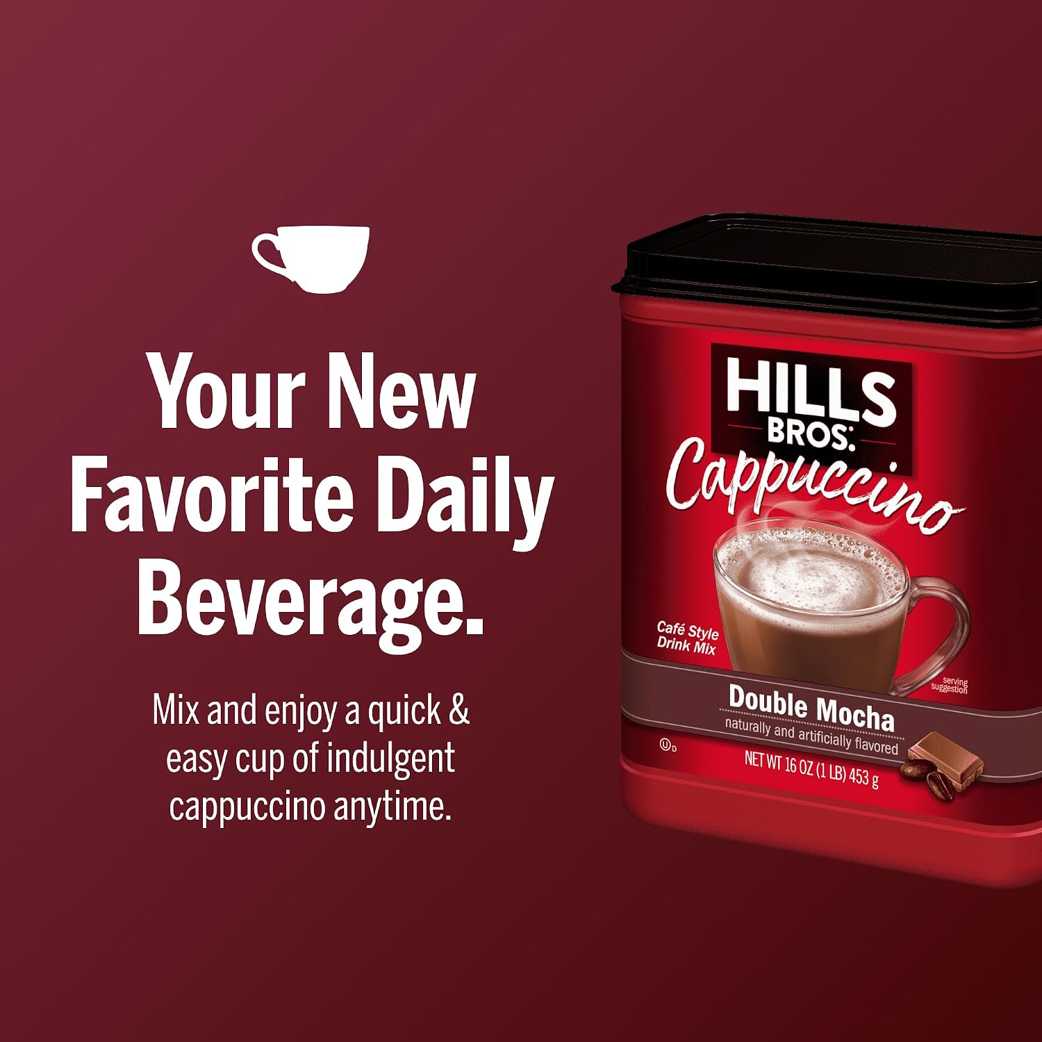 Hills Bros. Cappuccino Mix – Rich, Frothy Coffeehouse-Tasting Instant Drink Mix – Quick and Easy Preparation – Perfect for Hot & Iced Drinks & Creaming Coffee – Double Mocha, 1 Pack of 16oz