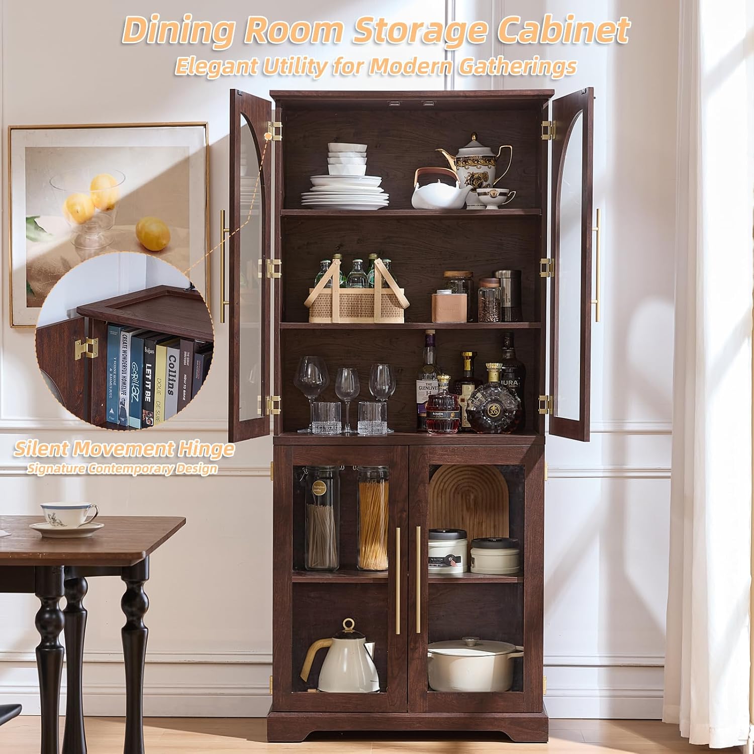 Joaxswe 72" Tall Bookshelf with 4 Curved Glass Doors, Farmhouse Bookcase with 3-Tier Adjustable Shelves, Modern Living Room Display Cabinet, Large Storage Cabinet for Home Office,Dining Room, Natural