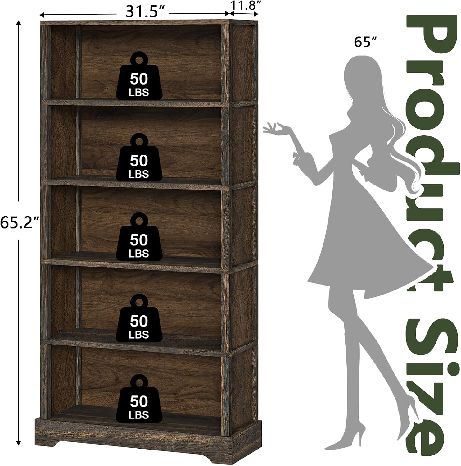 TVU 5 Tiers Wooden Bookshelf, 65.2" Tall Farmhouse Style Open Bookcase, 31.5" Wide Standing Book Shelf with Storage for Study Room, Living Room