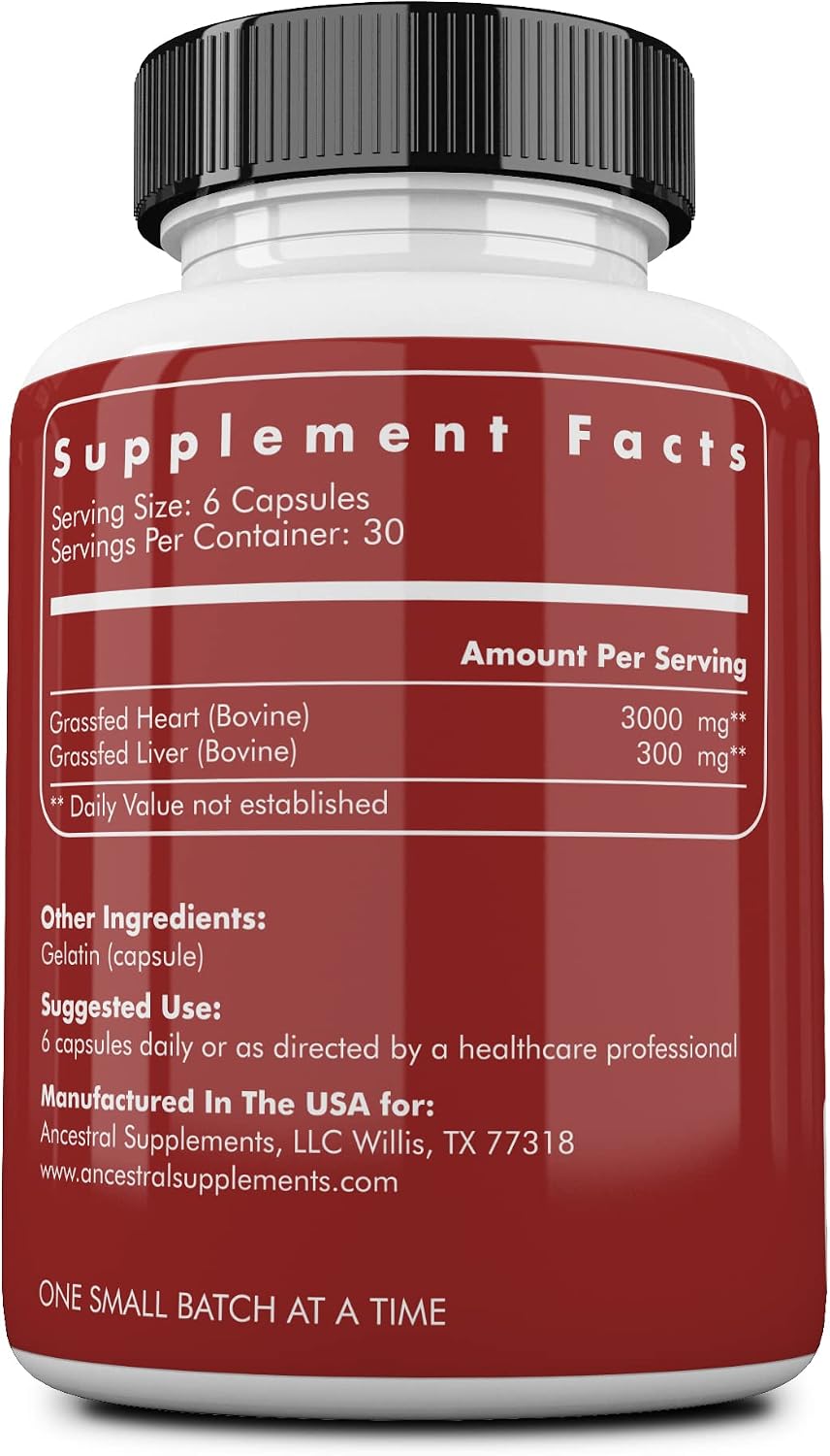 Ancestral Supplements Grass Fed Beef Heart Supplement, CoQ10, 180 Ct | A whole food heart health supplement with CoQ10 supports mitochondrial function and cardiovascular energy.