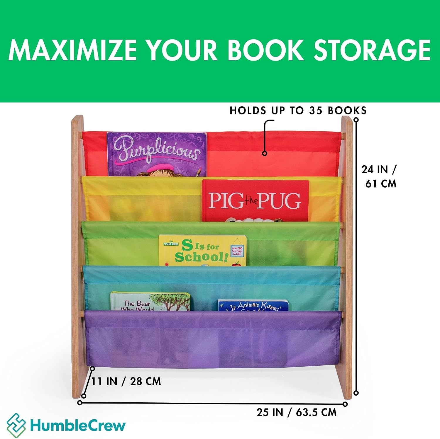 Humble Crew Kids Bookshelf, Montessori Front Facing Toddler Bookcase 4 Tier | Book display rack and reading nook organizer, nylon pockets show covers face out, compact for any playroom or bedroom space