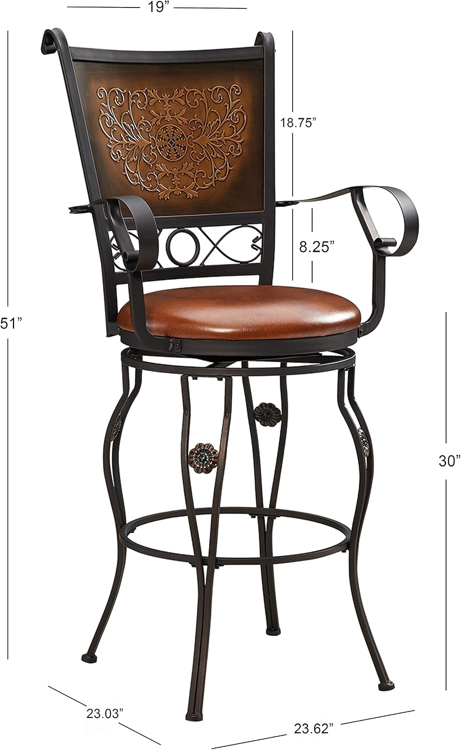 Powell Company Big & Tall Copper Stamped Back Arms by Powell Big and Tall Counter Stool, 24" Seat Height, brown