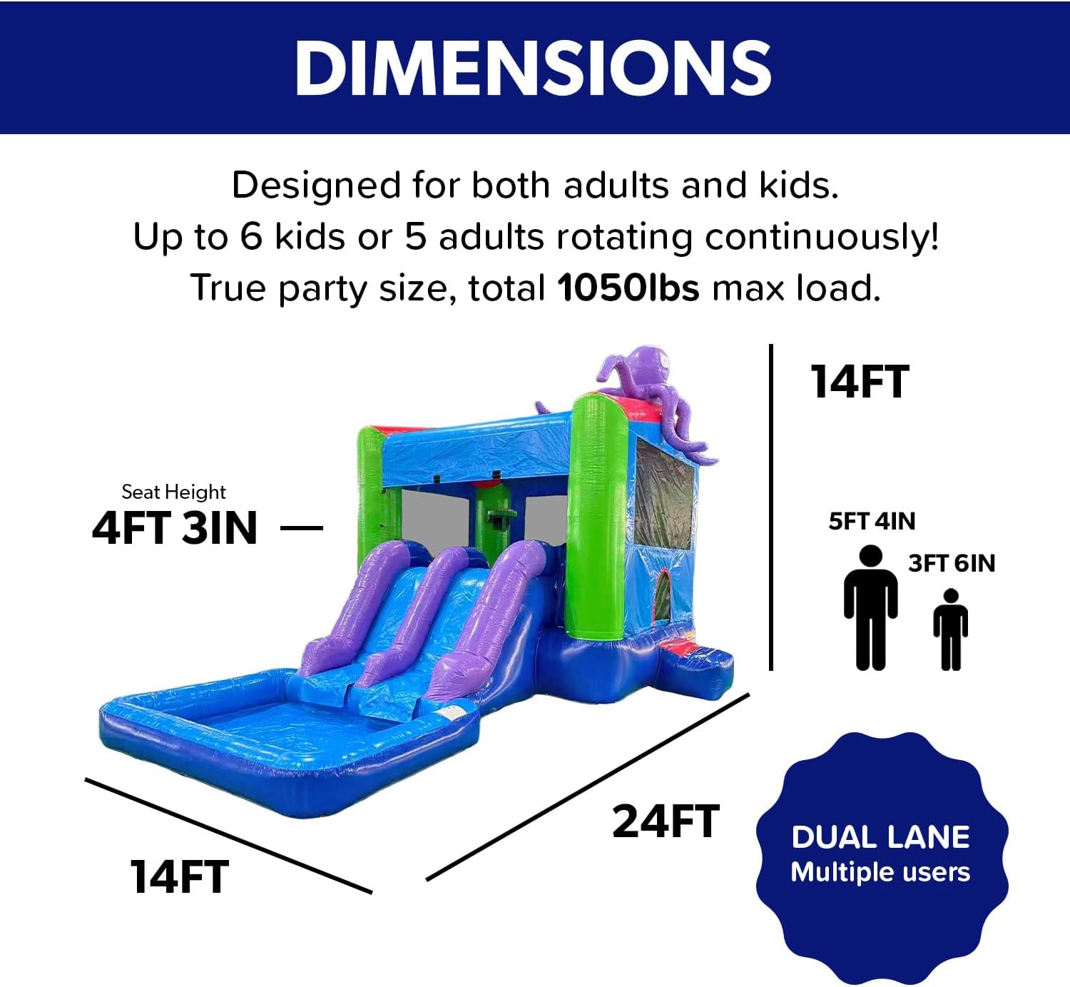 JumpOrange 25x13ft Octopus Commercial 15oz PVC Bouncer Slide Combo with Pool