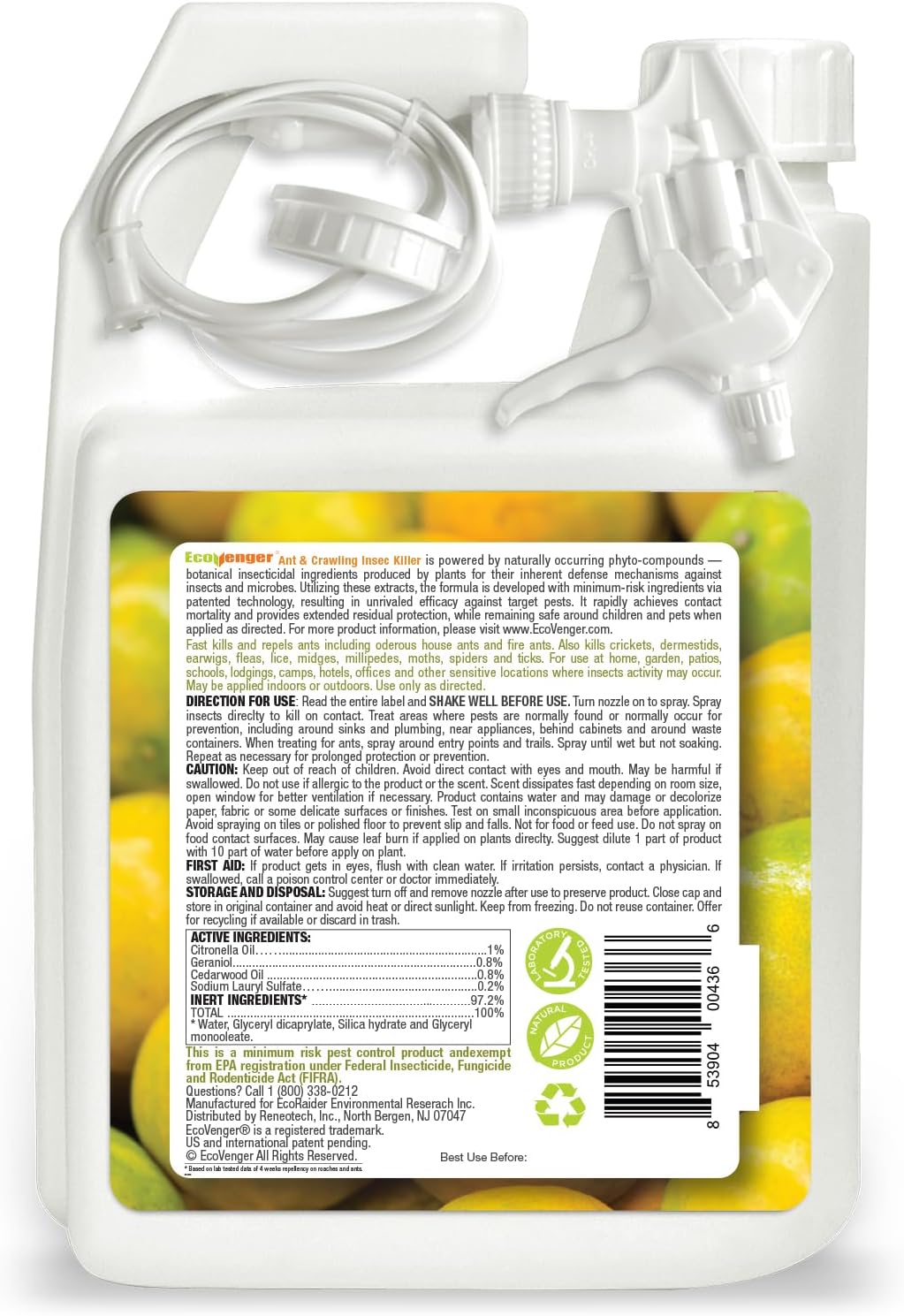 EcoVenger By EcoRaider Ant Killer & Crawling Insect Killer, 16 OZ Ready to Use, Indoor & Outdoor, Kills & Repels, Lasting Prevention, Natural & Non-Toxic Plant Based Formula, Pleasant Citrus Scent