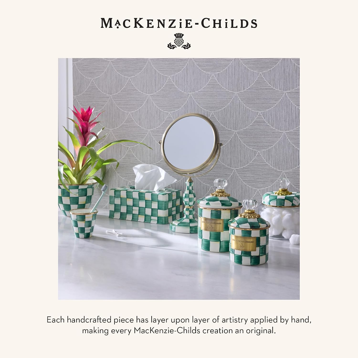 MACKENZIE-CHILDS Enamel Herb Pot Set, Small, Black-and-White Courtly Check | Hand-painted design, small plant pots for herbs or flowers, 8-ounce capacity per pot, set of 3