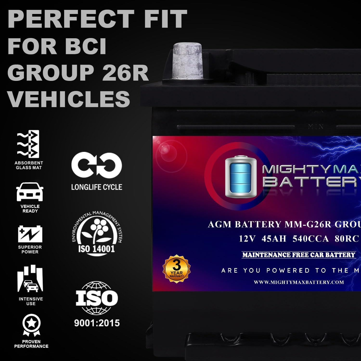 Mighty Max Battery MM-H8 Start and Stop Car BCI Group 49 12V 95Ah, 160RC, 900 CCA Rechargeable AGM Car Battery