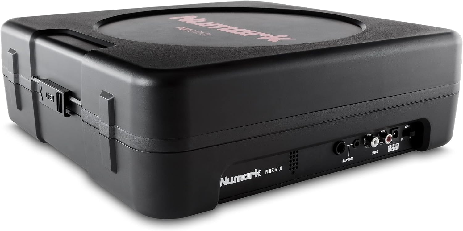 Numark PT01 Scratch Portable DJ Turntable | Scratch Switch, Built-In Speaker, 3-Speed Playback, USB Out, AC and Battery Power for Portablists