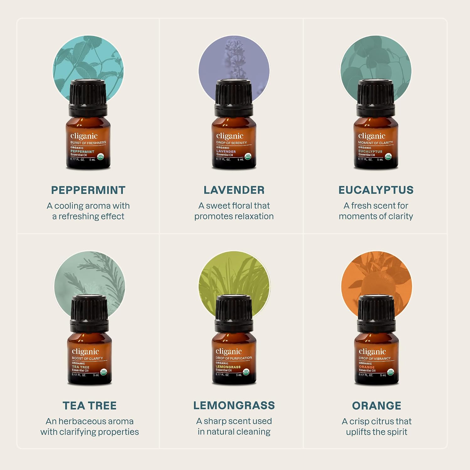 Cliganic Organic Aromatherapy Essential Oils Set (Top 6 - The Essentials), 100% Pure Natural - Peppermint, Lavender, Eucalyptus, Tea Tree