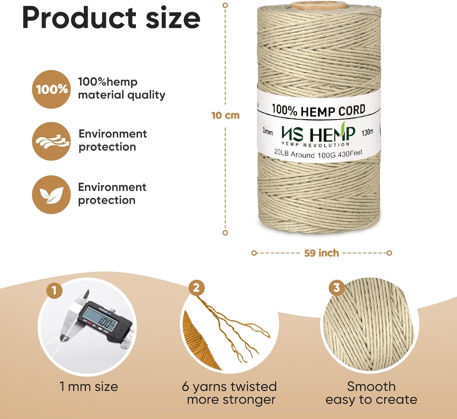 【 NS HEMP 】 Sustainable Hemp Twine Hemp Cord for Jewelry Making, Hemp Cord 1mm 130 Meters (026 RAW)