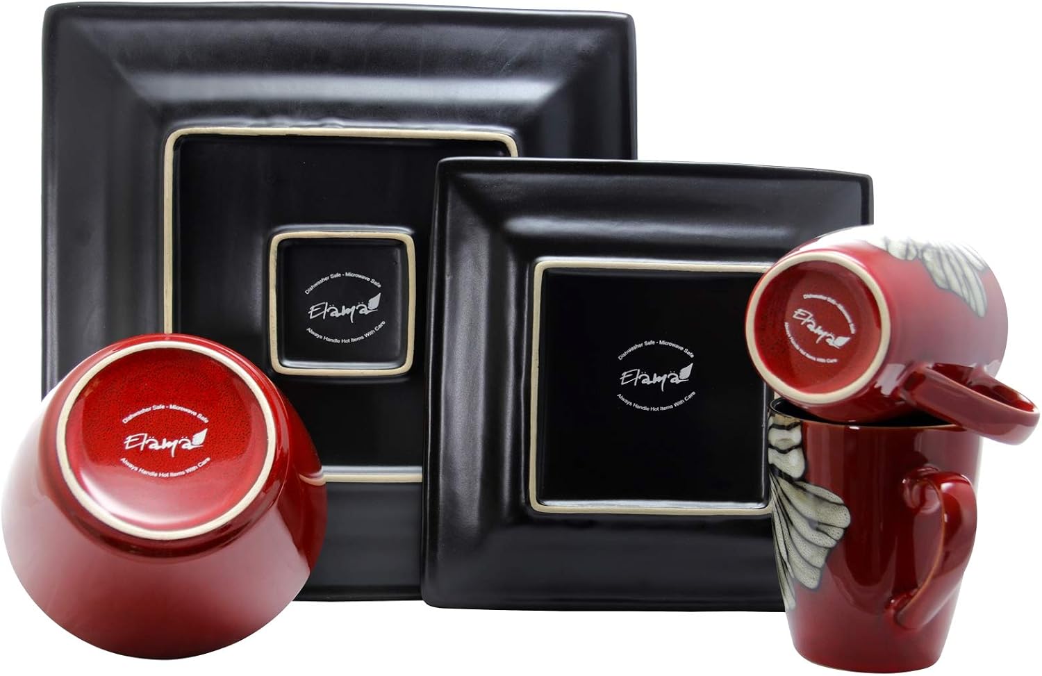 Elama's Luxurious Red Winter Bloom 16 Piece Dinnerware Set with Complete Settign for 4