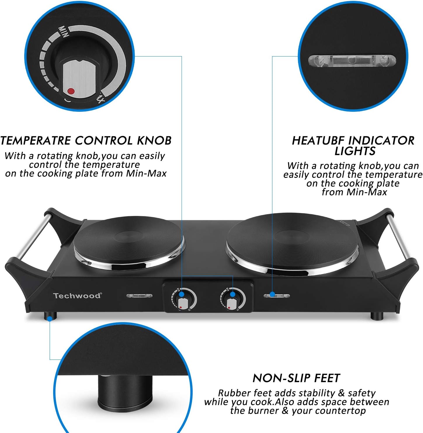 Hot Plate, Techwood Electric Stove for Cooking, 1500W Countertop Single Burner with Adjustable Temperature and Handles