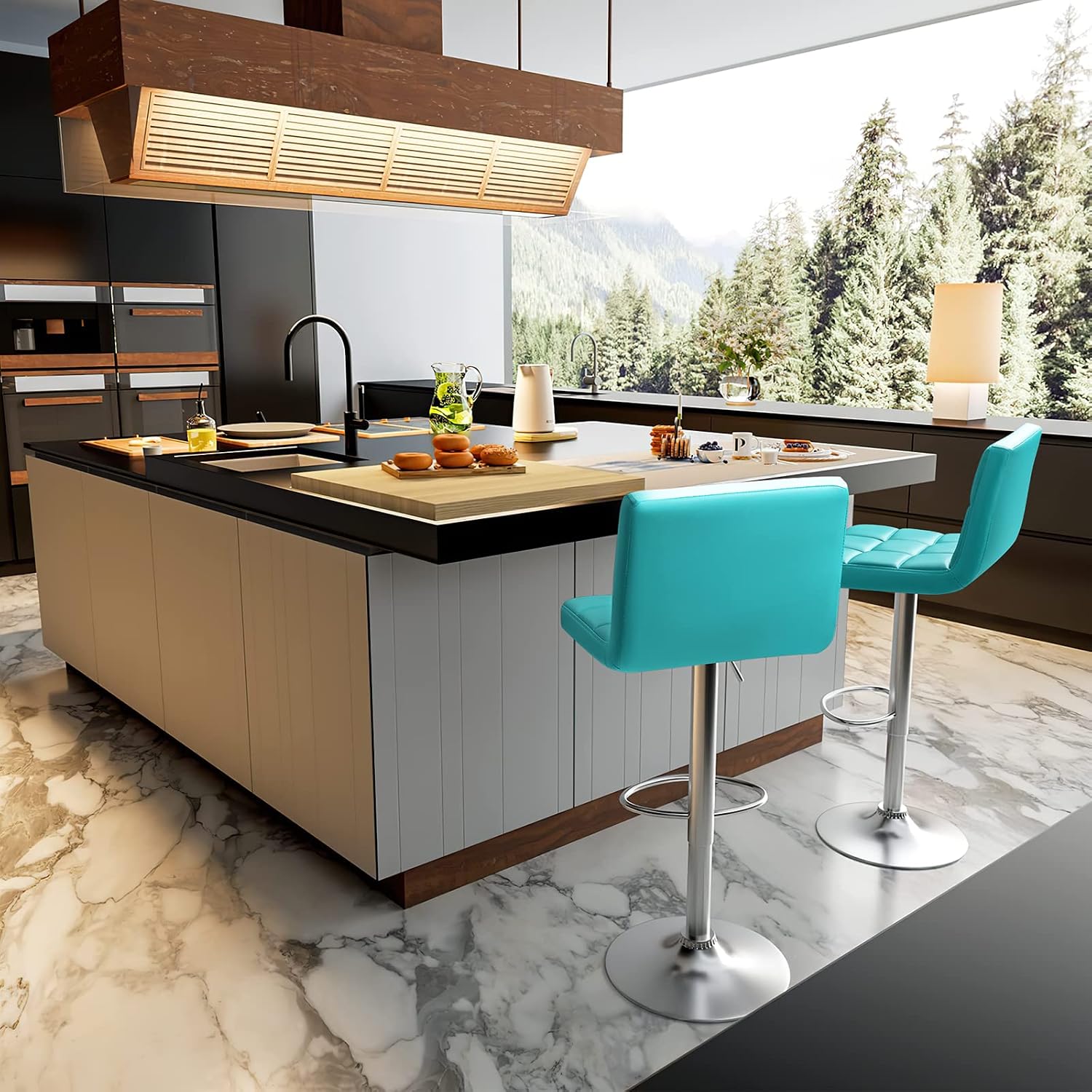 Homall Bar Stools Modern PU Leather Adjustable Swivel Barstools, Armless Hydraulic Kitchen Counter Bar Stool Extra Height Square Island Barstool with Back Set of 2 (Leather, White)