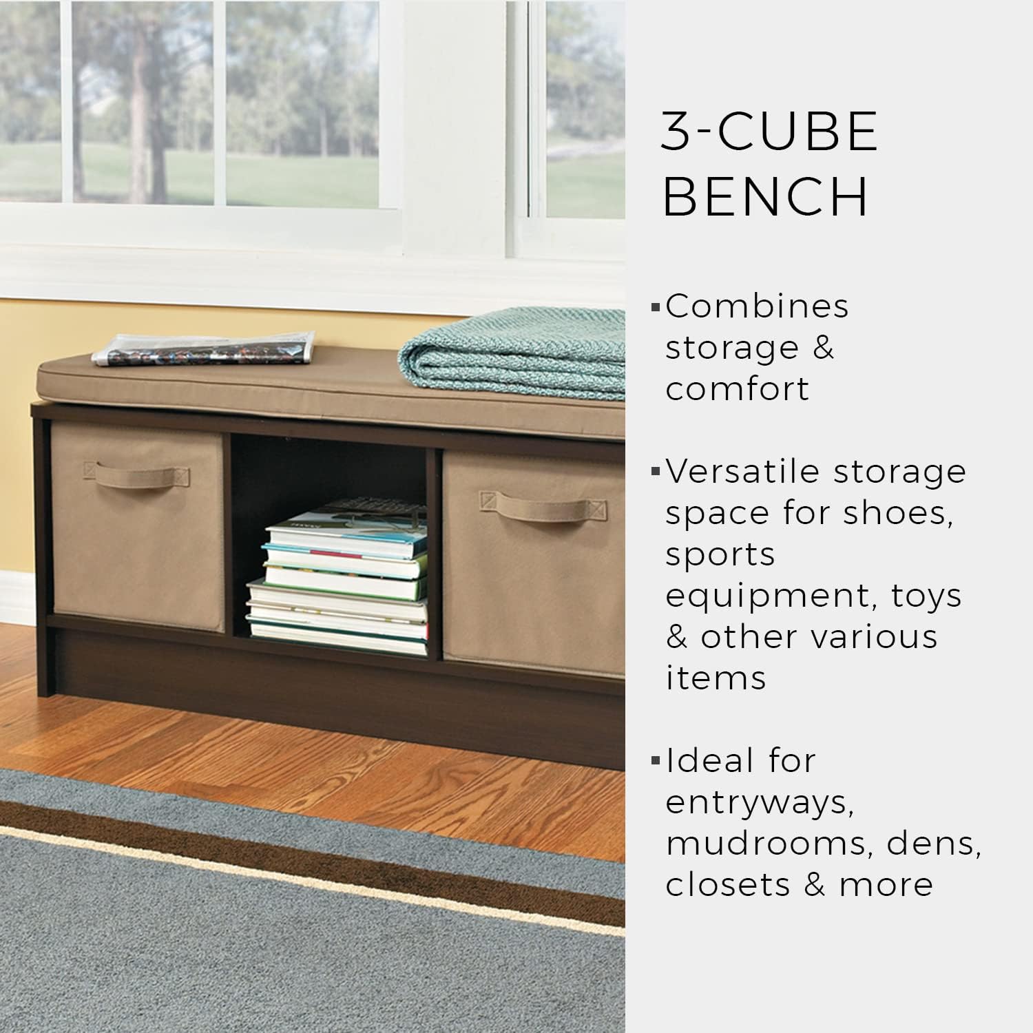 ClosetMaid 3258 Cubeicals 3-Cube Storage Bench, Natural Gray with Gray Cushion