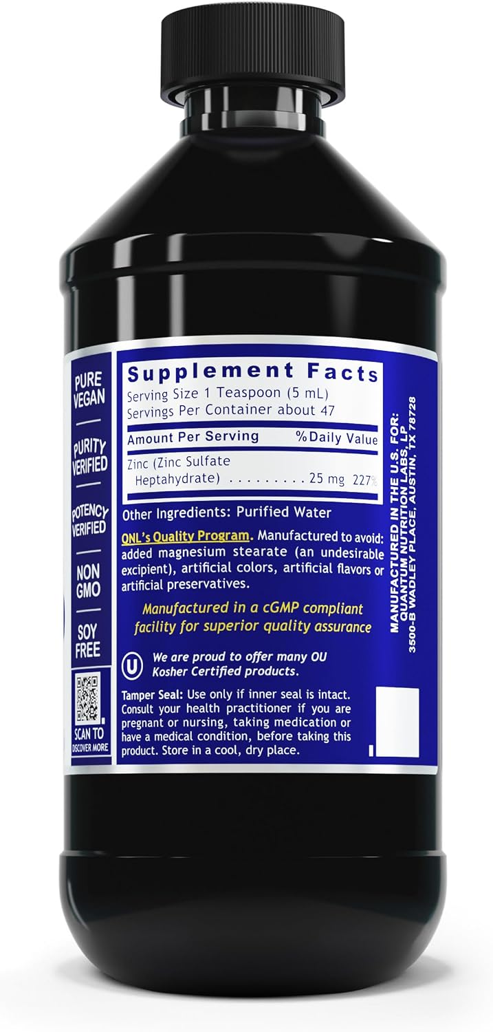 Quantum Nutrition Labs Liquid Zinc Supplement Drops - Zinc Sulfate Tincture for Adults, 25mg per Serving