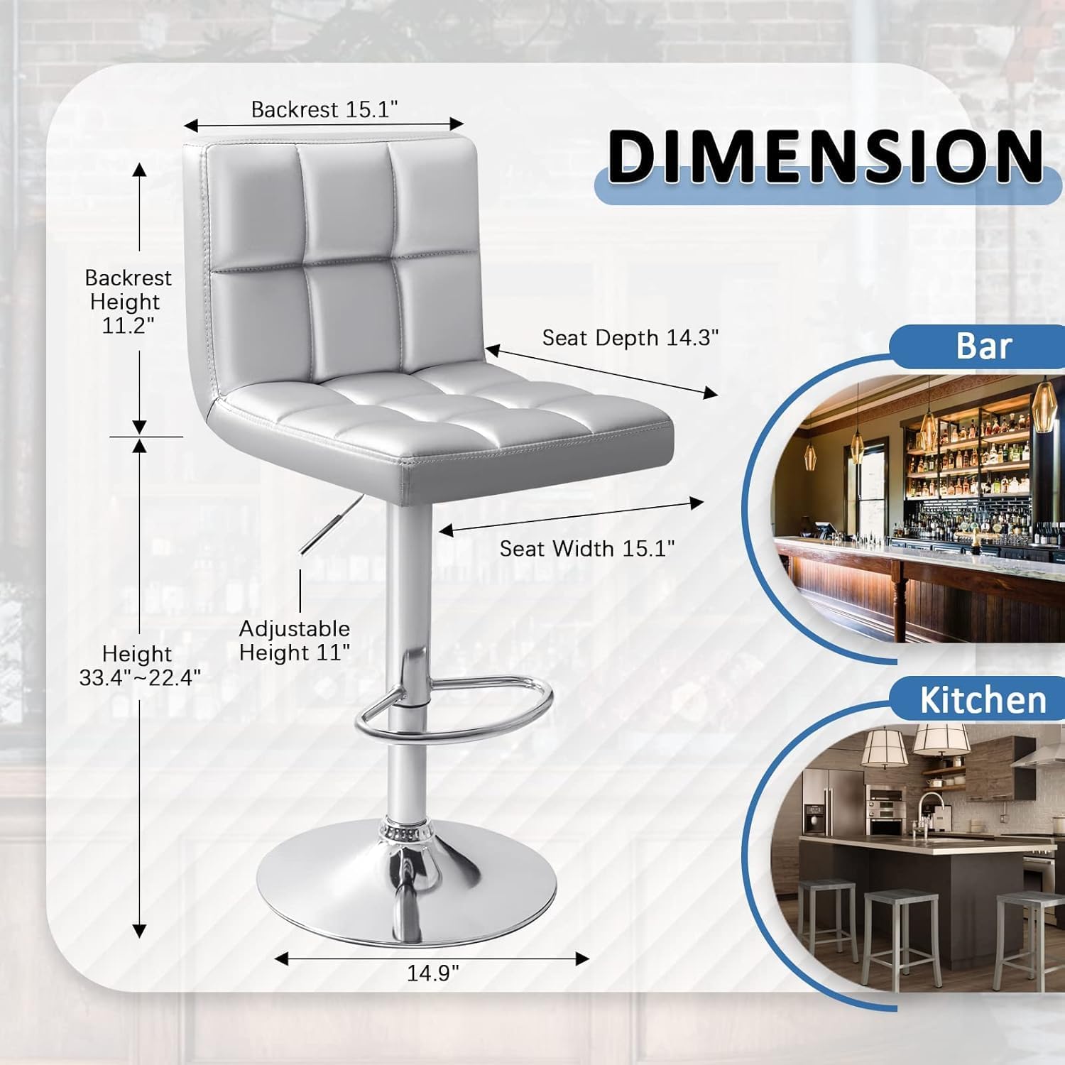 Homall Bar Stools Modern PU Leather Adjustable Swivel Barstools, Armless Hydraulic Kitchen Counter Bar Stool Extra Height Square Island Barstool with Back Set of 2 (Leather, White)