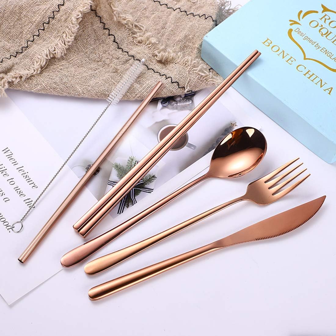 AARAINBOW 6 Pieces 18/8 Stainless Steel Flatware Set Portable Reusable Cutlery Set Travel Utensils Set Including Chopsticks Knife Fork Spoon Straws