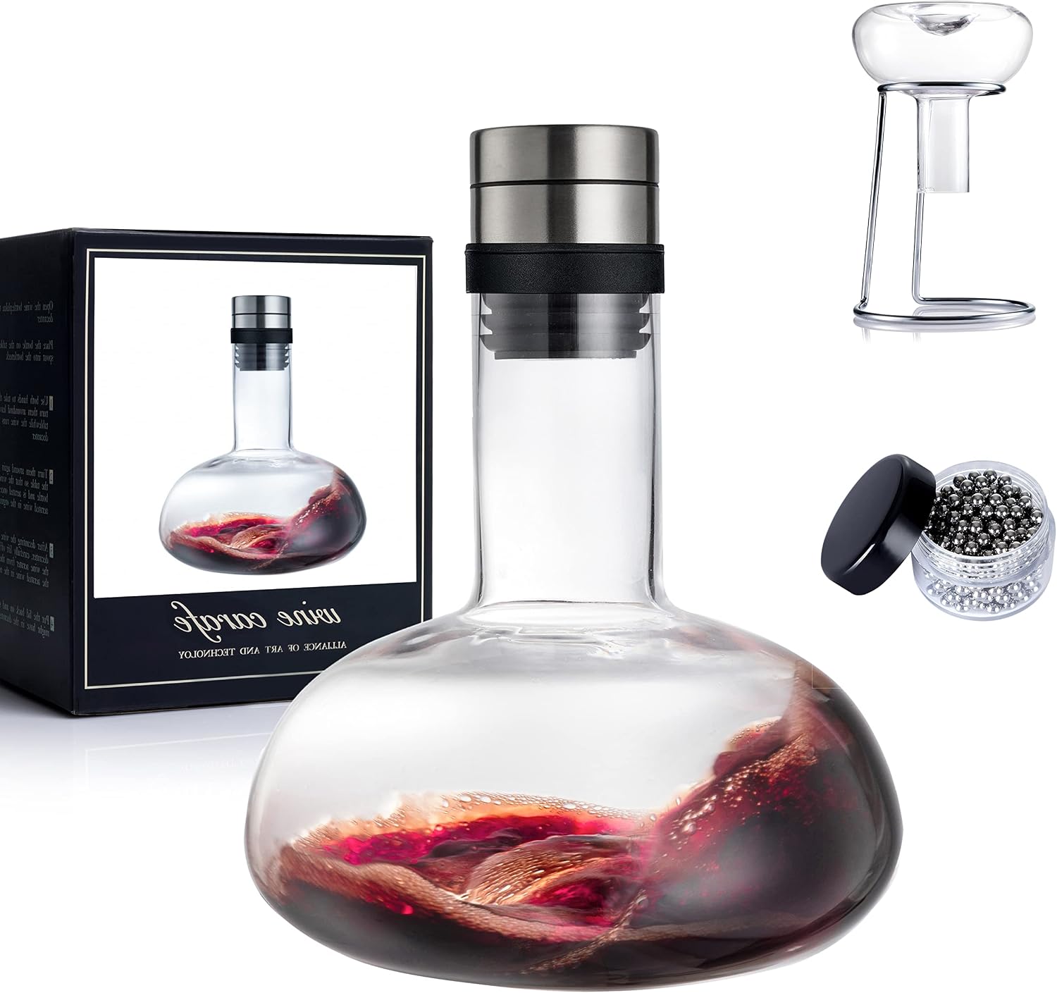 YouYah Wine Decanter Set, Red Wine Carafe with Drying Stand, Cleaning Beads and Aerator Lid, Crystal Glass, Wine Aerator, 100% Hand-blown