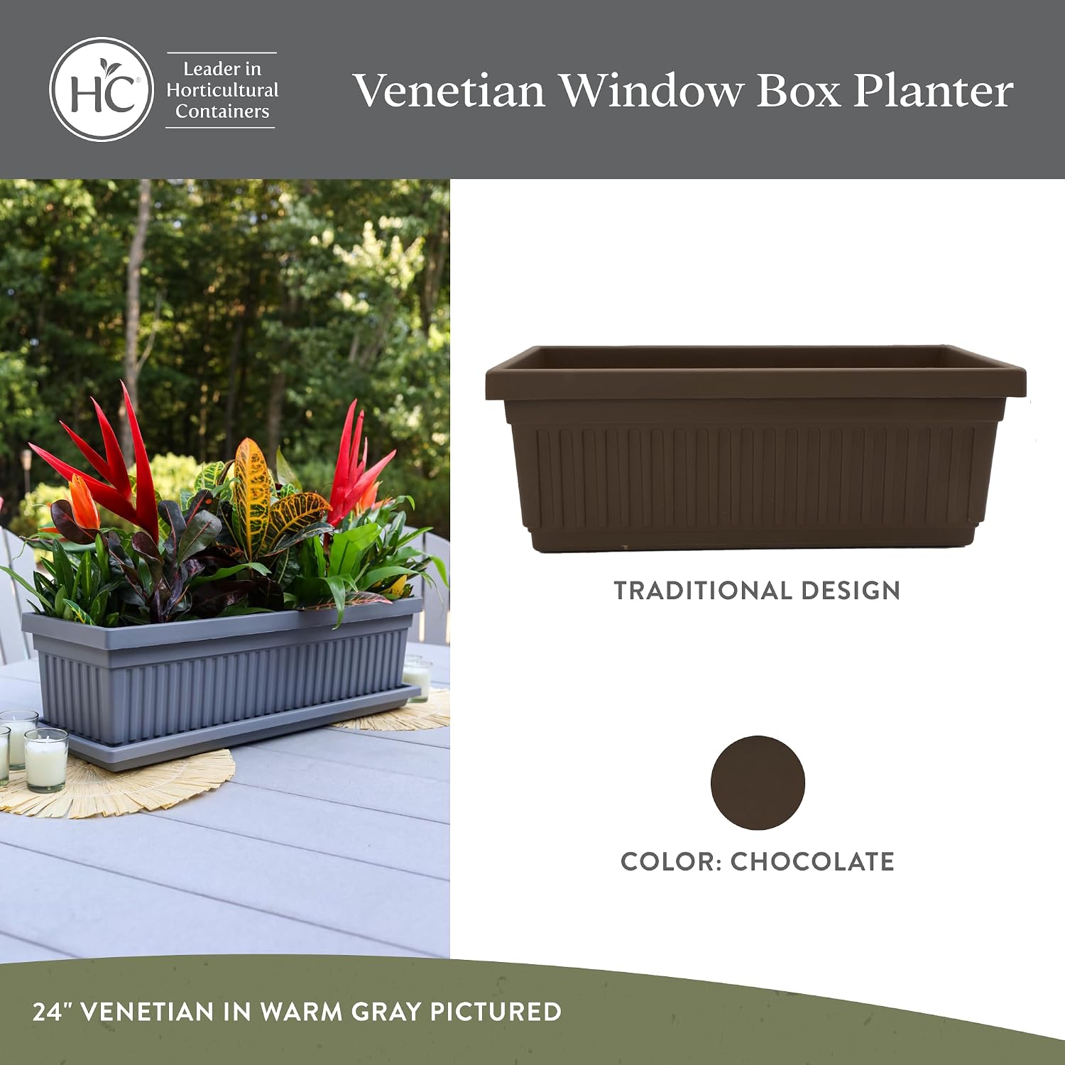 The HC Companies Venetian Window Planter Box w/Drain Plug - Long Planter Box for Windowsills, Balconies & More - Plastic Rectangular Outdoor Planters for Herbs & Flowers (18" Clay, Pack of 1)