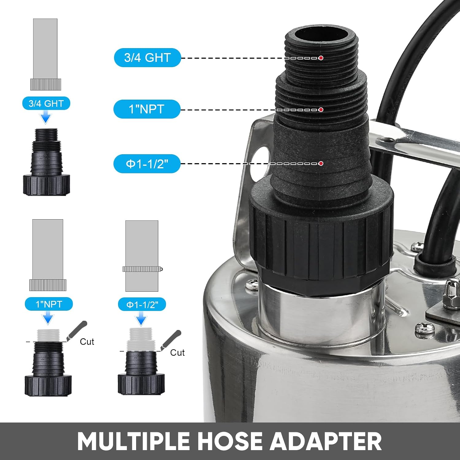 Sump Pump, 1/3 HP 1850GPH Automatic Submersible Utility Water Pump, Portable Electric Low Level Drain Water Removal Pump with Sensor Switch for Swimming Pool Basement Garden Pond Draining