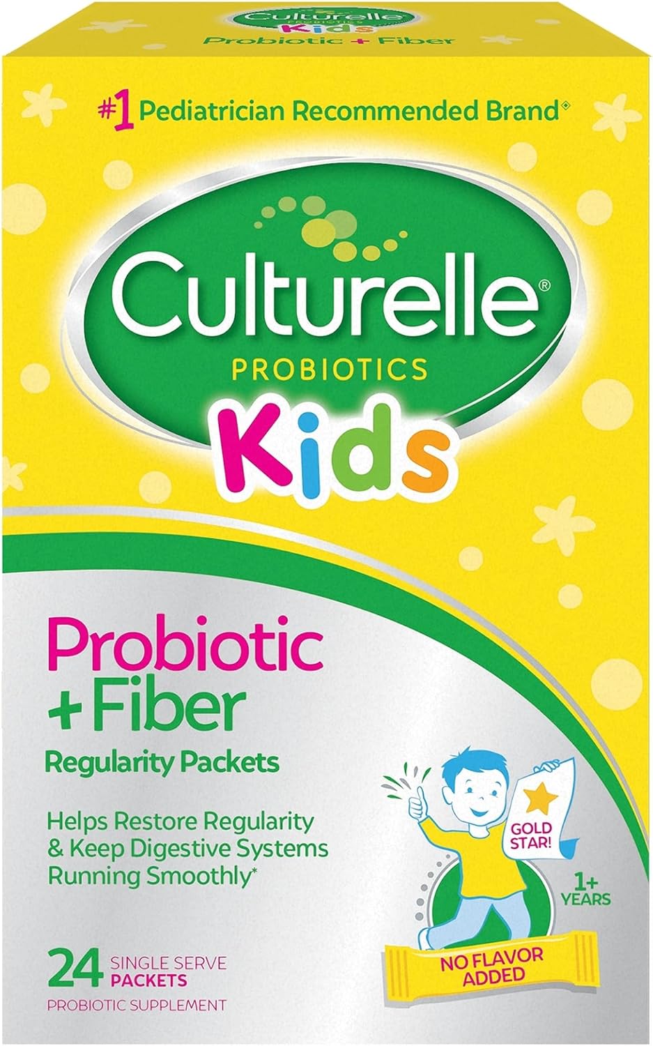 Culturelle Kids Probiotic + Fiber Packets, Ages 1+, Unflavored, 24 Count | From the #1 Pediatrician-Recommended Brand± Digestive Health & Immune Support, Help Restore Regularity*, Children & Toddlers