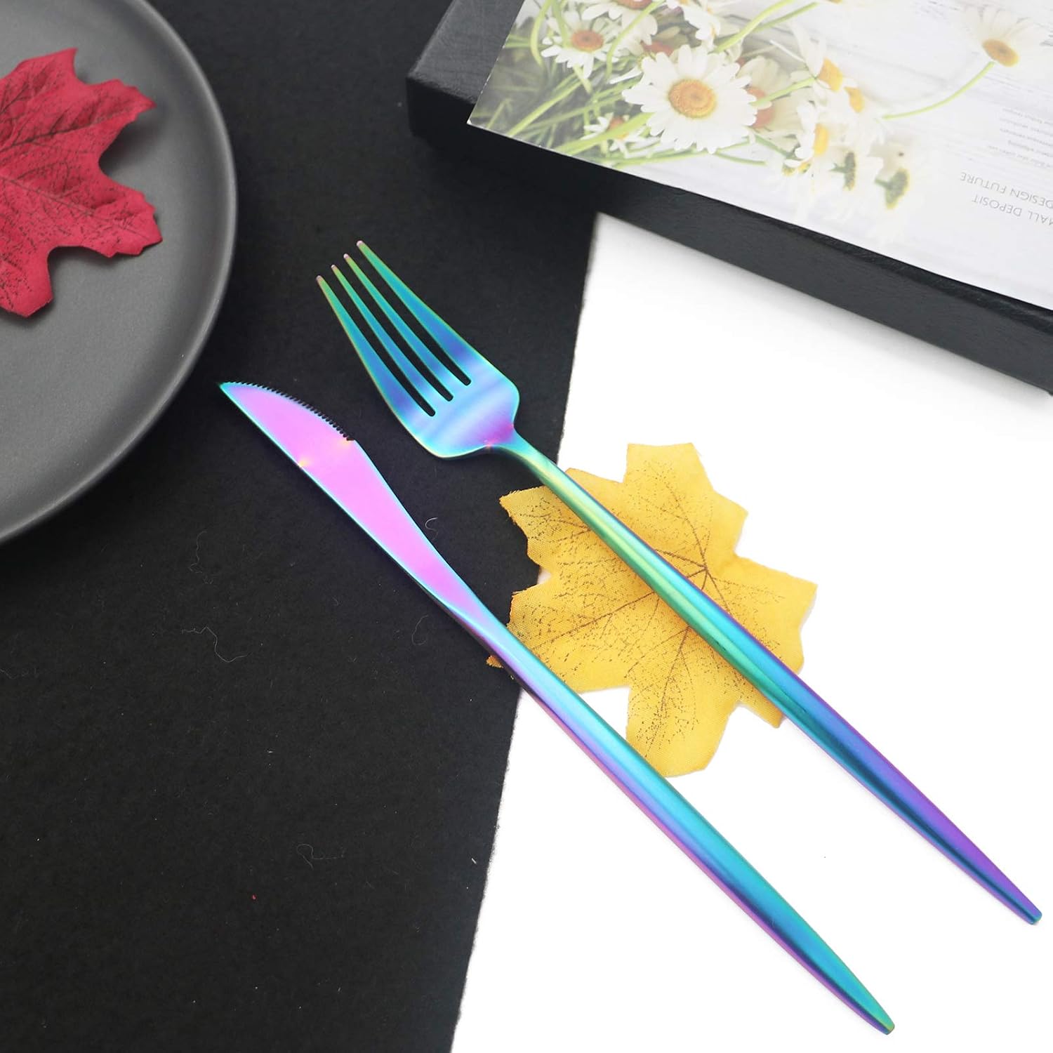 JASHII Luxury 18/10 Rainbow Flatware Set - 304 Stainless Steel Colorful Cutlery - 5-Piece Adaline Royal Modern Satin Finish for Birthday