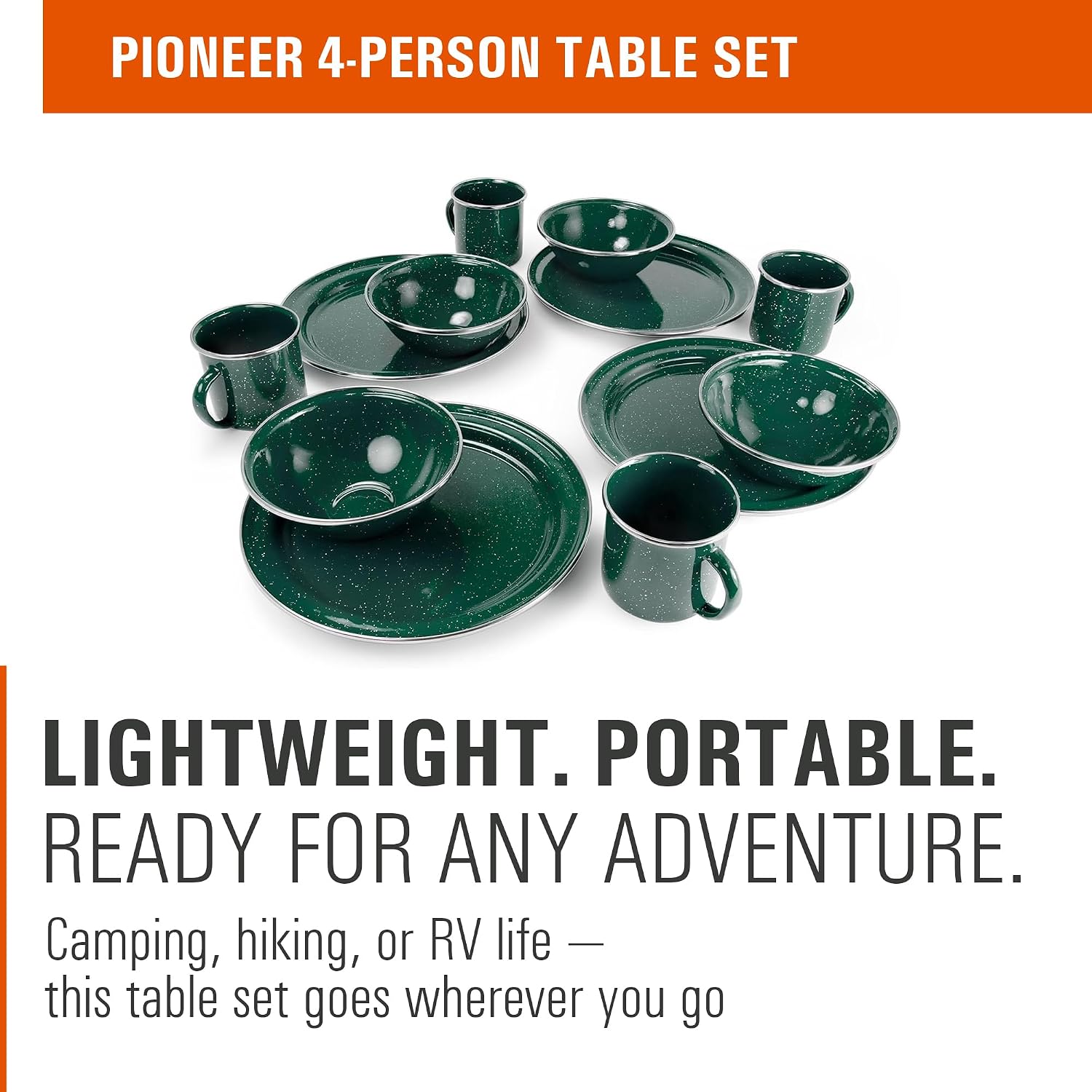 GSI Outdoors Pioneer Enamel 12 Pieces (4-Person) Dish Set I Enamelware Dishes Including Plates, Bowls and Mugs for Camping, Outdoors, RV, Camp, Blue
