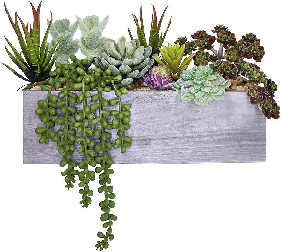 Supla Artificial Potted Succulents Plants Arrangement Fake Succulent Plants in Rectangular Wooden Pot Arrangement for Table Centerpiece Windowsill