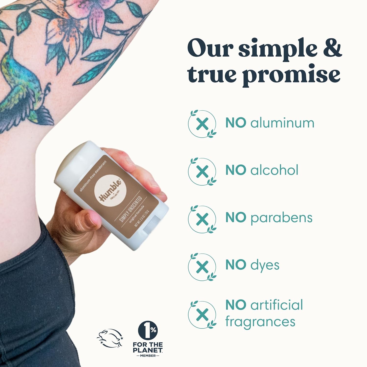 Humble Aluminum-Free Deodorant, Simply Unscented - 1 Pack | Baking Soda-Free, Clean, Fresh, Natural, Essential Oils, Sensitive Skin, Long-Lasting Odor Control, Cruelty-Free, Men & Women