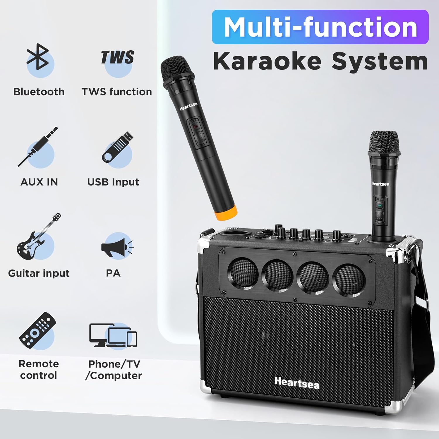 HEARTSEA Portable Karaoke Machine with Wireless Mics, Bluetooth Speaker | 3-Way Sound, TWS Stereo Pairing, Guitar Input, USB/AUX